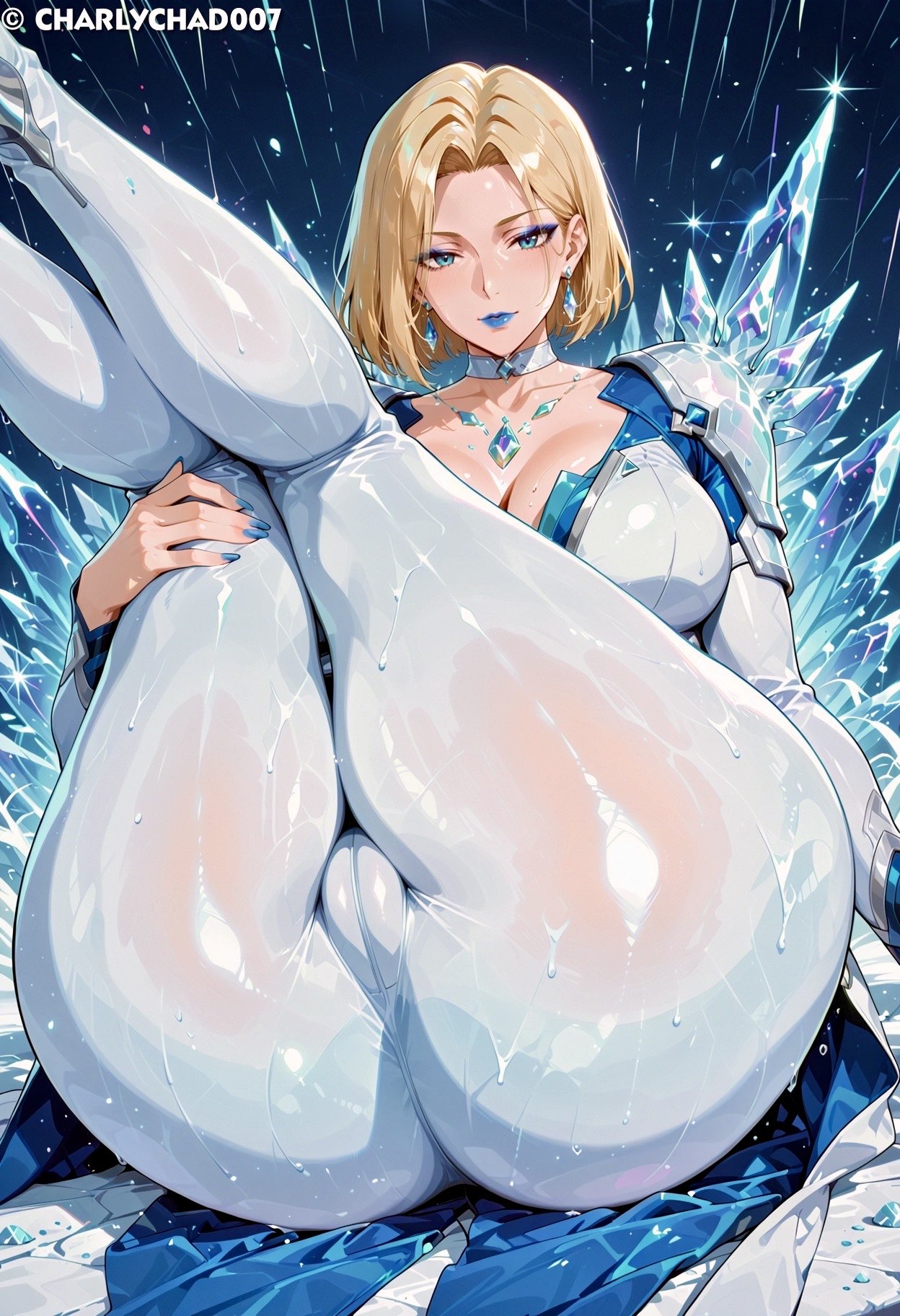 ai generated, ass, big ass, blonde female, blonde hair, blue lipstick, blue nails, bob cut, charlychad007, emma frost, emma frost (marvel rivals), female, female only, legs up, marvel, marvel comics, marvel rivals, thick thighs, wide hips
