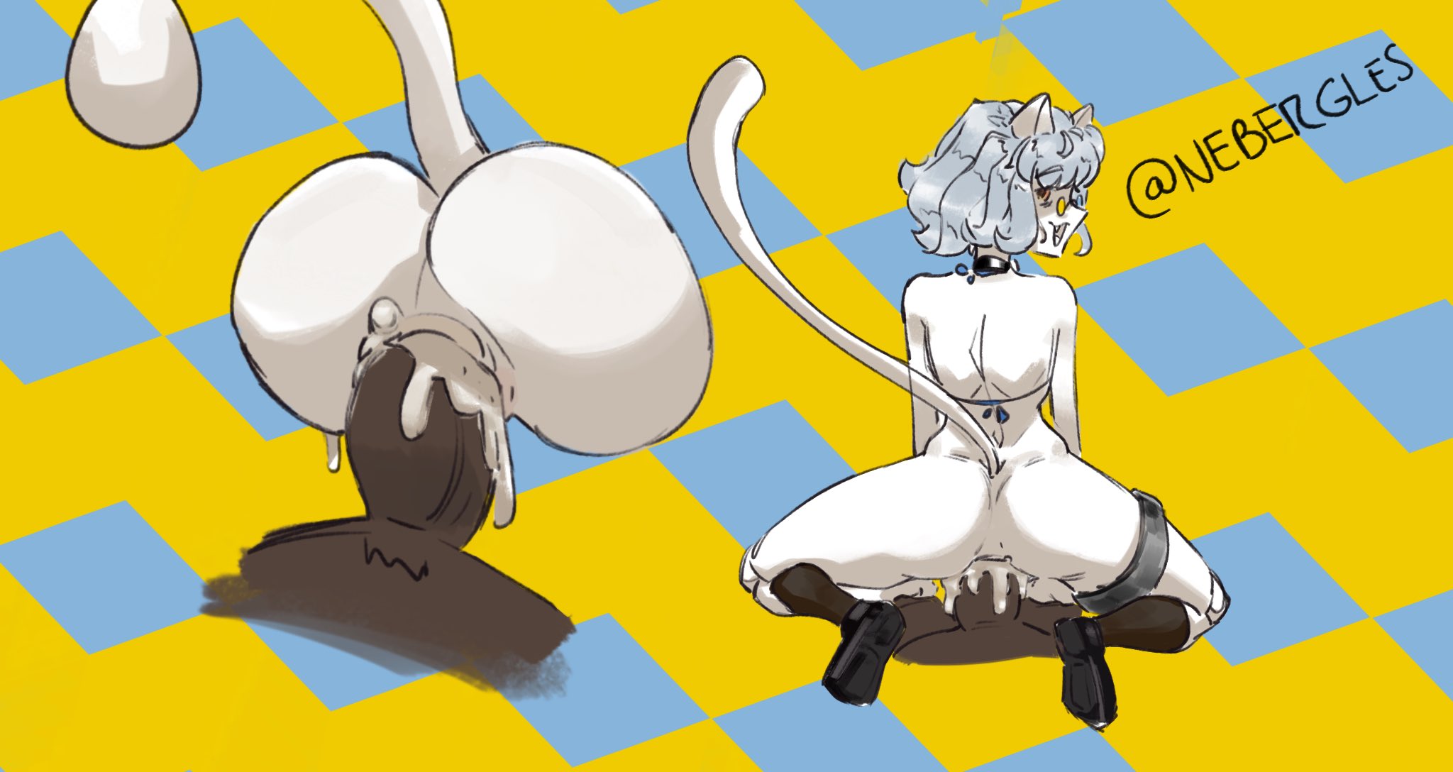 1boy, 1girls, anal, anal sex, ass, bikini, black penis, cat ears, cat tail, cum, cum in ass, cum inside, fangs, female, hunter x hunter, male, nebergles, necklace, neferpitou, penis, short hair, socks