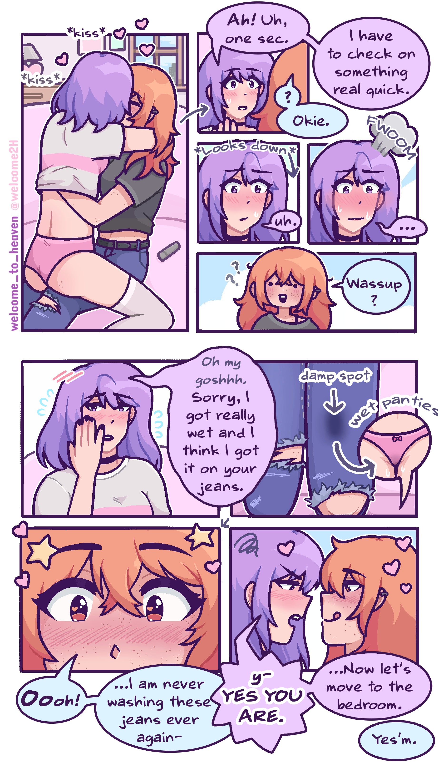 2girls, arms wrapped around partner, black nails, blush, blushing profusely, choker, closed eyes, confused, ear piercing, embarrassed, embarrassed female, face to face, female, female/female, flustered, freckles, freckles on face, frustrated, fully clothed, heart, heart-shaped pupils, hearts around head, imminent sex, indoors, jeans, kissing, lesbian kiss, licking lips, making out, messy hair, multiple females, multiple girls, no pants, orange eyes, orange hair, orgasm, panties, purple eyes, purple hair, sapphic, smiling at partner, smirk, smug, sweat, sweating, thigh highs, thighhighs, torn jeans, welcome to heaven, wet, wet panties, wet spot, yuri