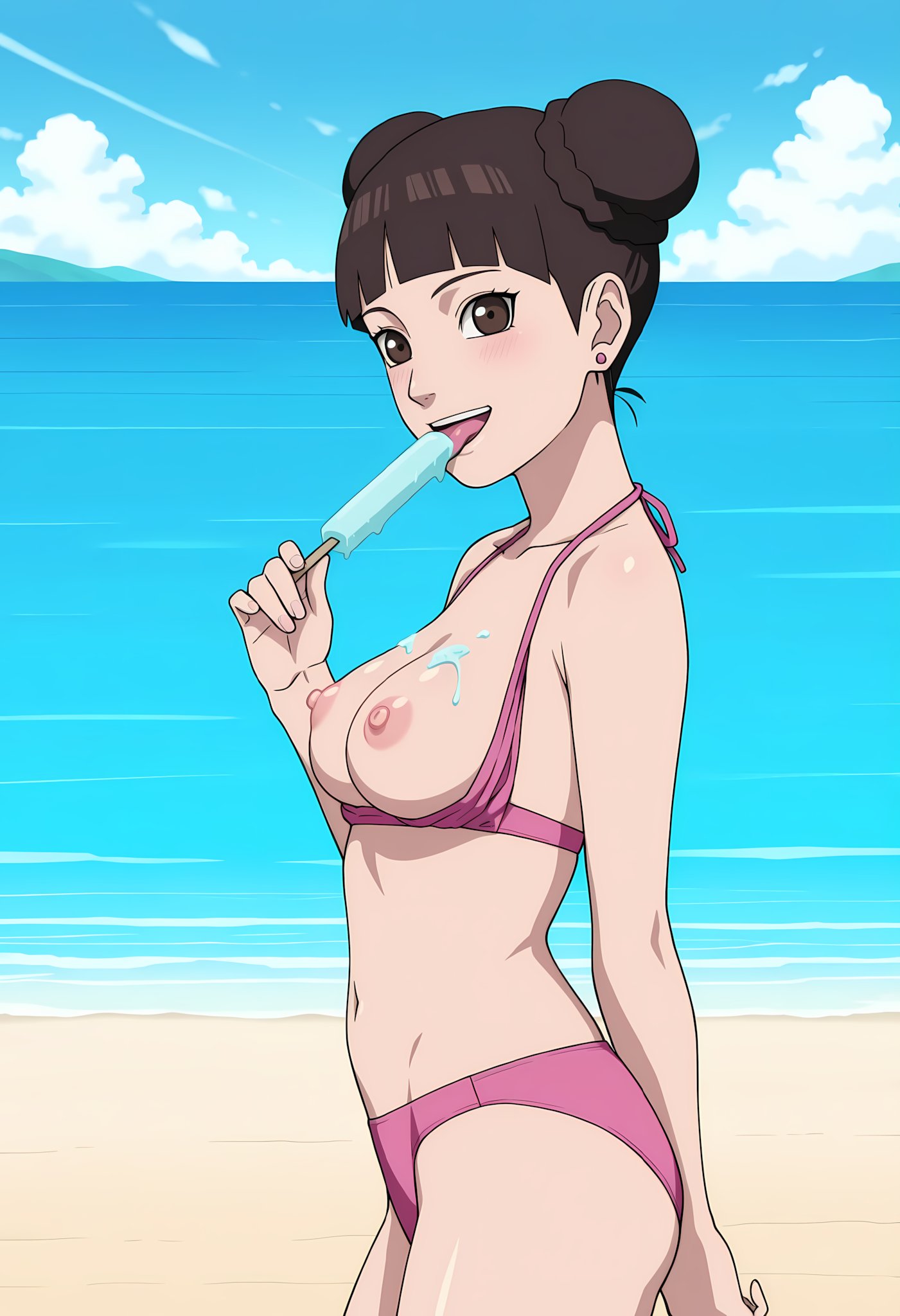 1girls, ai generated, ass, beach, big breasts, bikini, bikini bottom, bikini top, blush, boruto: naruto next generations, breasts, breasts out, brown eyes, brown hair, busty, cameltoe, cleavage, clothing, female, female focus, female only, from behind, from side, grin, hair buns, hi res, high resolution, highres, holding object, lake, large breasts, licking, licking popsicle, light skin, light-skinned female, lips, long hair, melting, melting popsicle, narugirlshot, naruto, naruto (series), naughty, naughty face, naughty smile, outdoors, outside, pale skin, pale-skinned female, popsicle, pussy, shounen jump, side view, smile, solo, standing, swept bangs, swimsuit, tenten, tied hair, upper body, walking