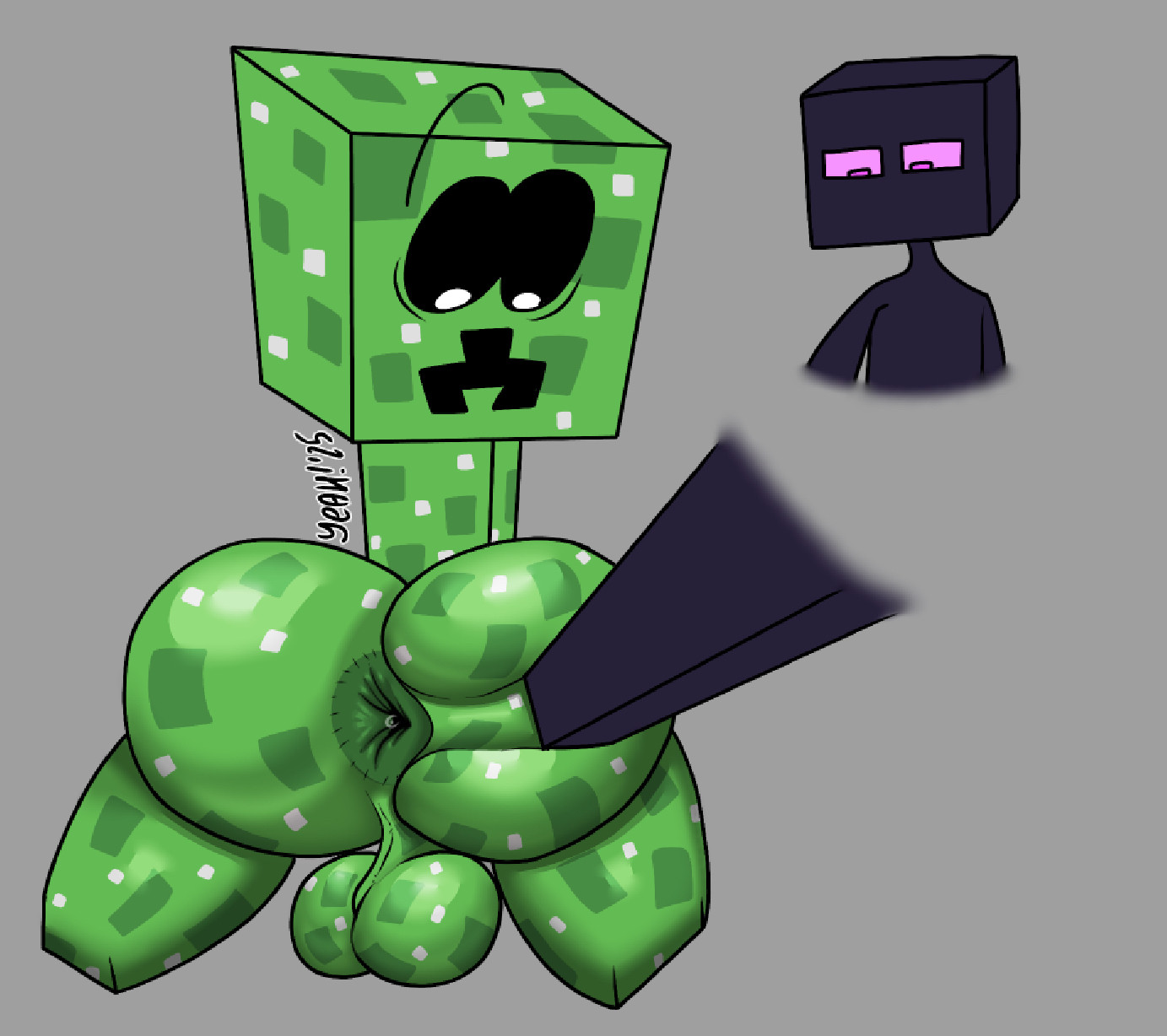 2025, 2boys, anus, anus peek, ass, ass focus, ass grab, ass spread, balls, ballsack, big ass, big butt, black body, bubble ass, bubble butt, creeper, enderman, gay, green body, huge ass, huge butt, larger male, male, minecraft, nice ass, no humans, non-human, purple eyes, smaller male, tagme, wet anus, white eyes, yaoi, yeah (artist)