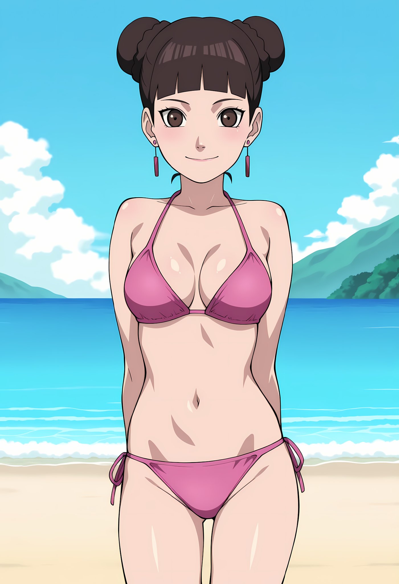 1girls, ai generated, beach, big breasts, bikini, bikini bottom, bikini top, blush, boruto: naruto next generations, breasts, brown eyes, brown hair, busty, cameltoe, cleavage, clothing, female, female focus, female only, front view, grin, hair buns, hi res, high resolution, highres, lake, large breasts, light skin, light-skinned female, lips, long hair, looking at viewer, narugirlshot, naruto, naruto (series), naughty, naughty face, naughty smile, outdoors, outside, pale skin, pale-skinned female, pussy, shounen jump, smile, solo, standing, swept bangs, swimsuit, tenten, tied hair, upper body