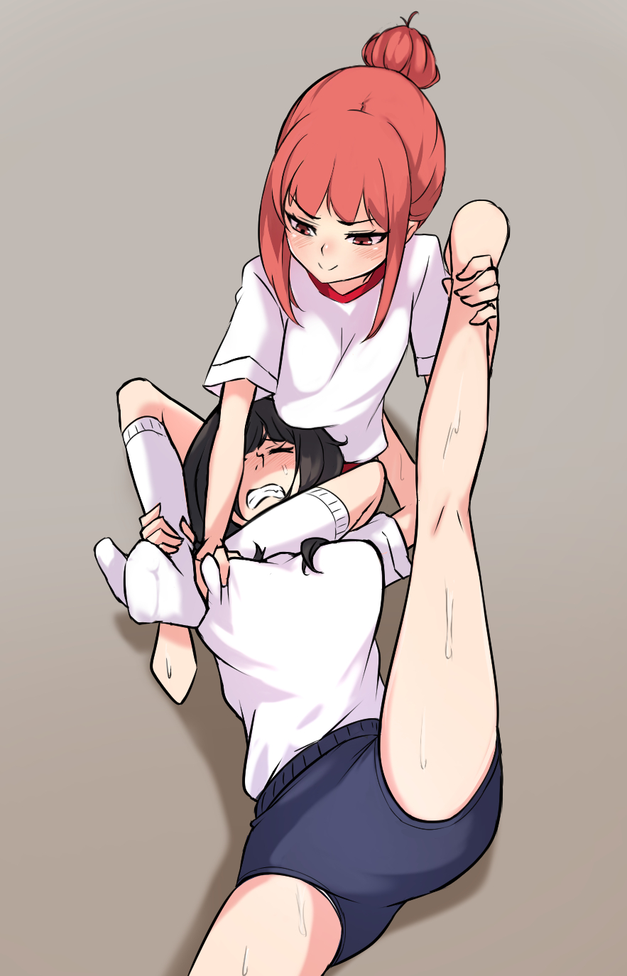 2girls, breasts, catfight, female, ginto, gym uniform, kneepits, original, ryona, schoolgirl, squeezing, squeezing breast, sweat, sweatdrop, wrestling, wrestlingryona