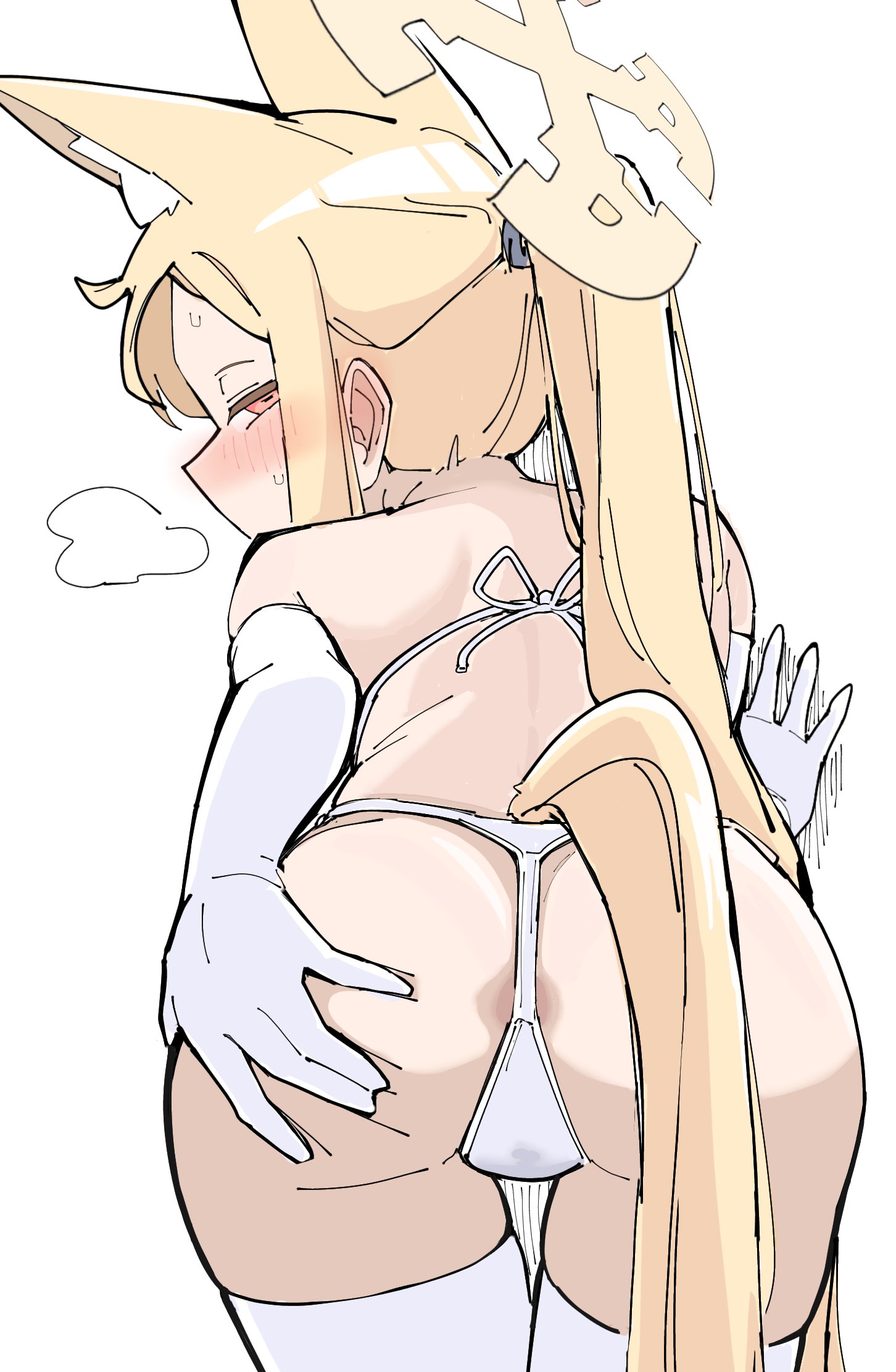 animal ears, anus peek, ass, bagaponchi, bikini, blue archive, elbow gloves, female, heavy breathing, micro bikini, seia (blue archive), spreading cheeks, tail