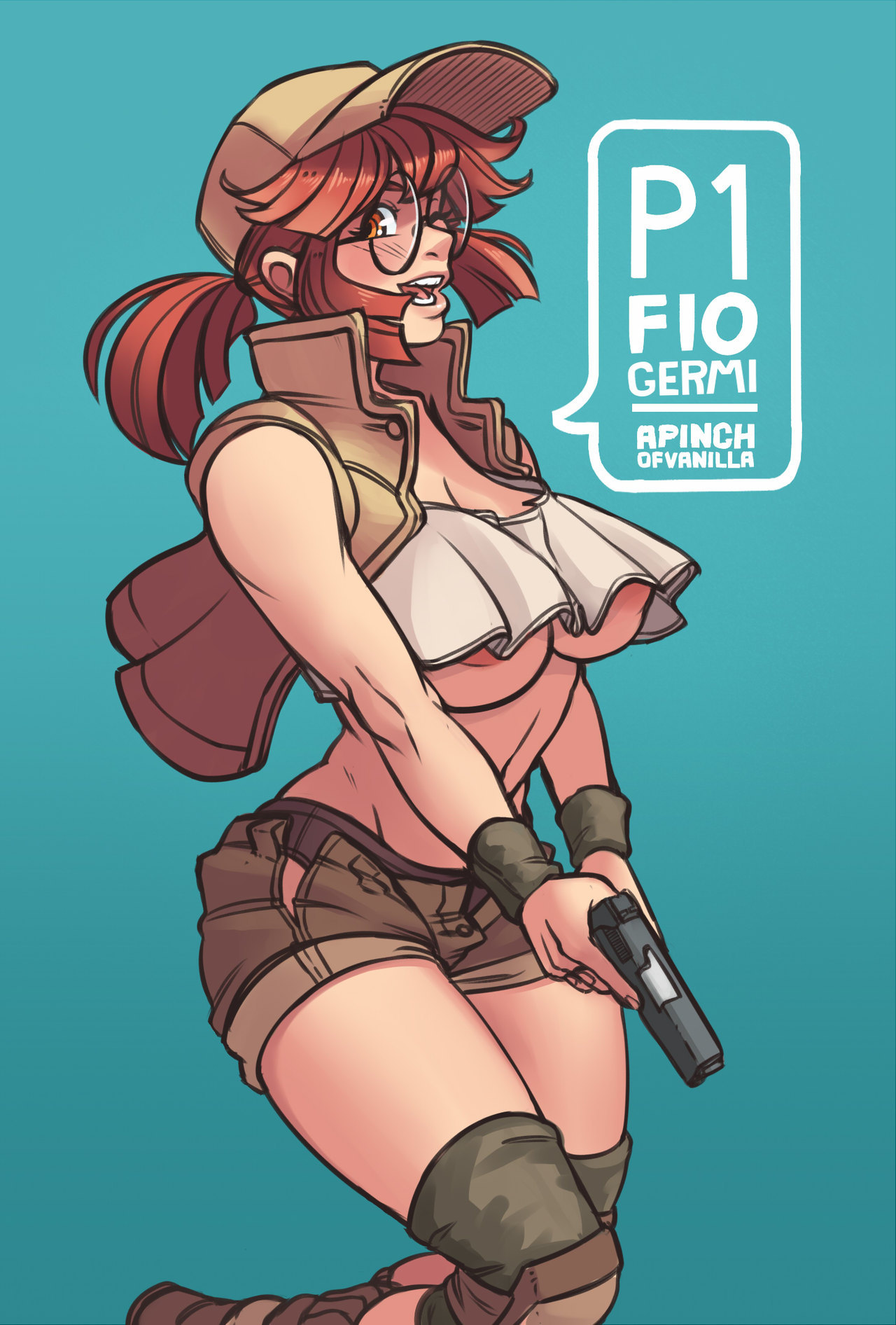 a pinch of vanilla, breasts, female, fio germi, glasses, metal slug, nipples, red hair, short shorts, tagme, underboob