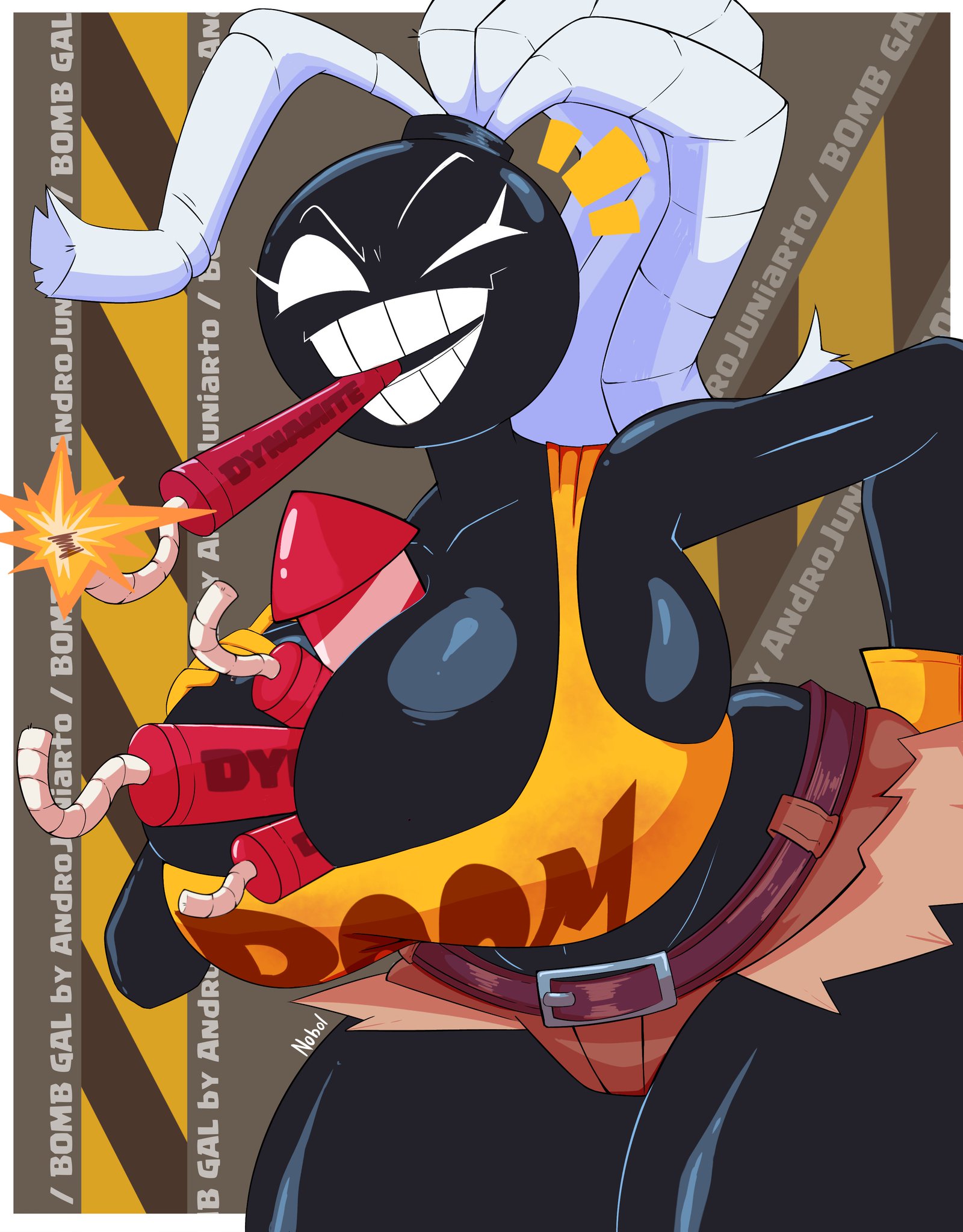 1girls, 2d, 2d (artwork), alternate version available, ass, between breasts, big ass, big breasts, bomb, bomb gal (androjuniarto), bomb girl, bomb humanoid, booty shorts, bottom heavy, breasts, cleavage, female, gigantic breasts, gus artin, looking at viewer, object, object between breasts, tagme (artist), thick thighs, winking at viewer
