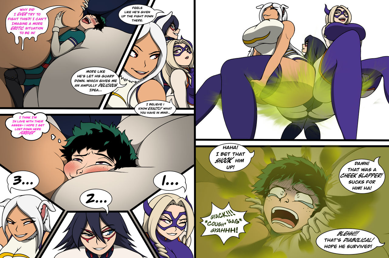 1boy, 2d, 3girls, aroused, ass, ass sandwich, blush, bullying, butt smother, comic, dialogue, fart, fart fetish, fart torture, farting in face, fat ass, female, giantess, hypnosis, izuku midoriya, male, midnight (my hero academia), mind break, mind control, mirko, mount lady, my hero academia, nemuri kayama, ourcouncil, rumi usagiyama, shrunken male, smaller male, text, thick thighs, yuu takeyama