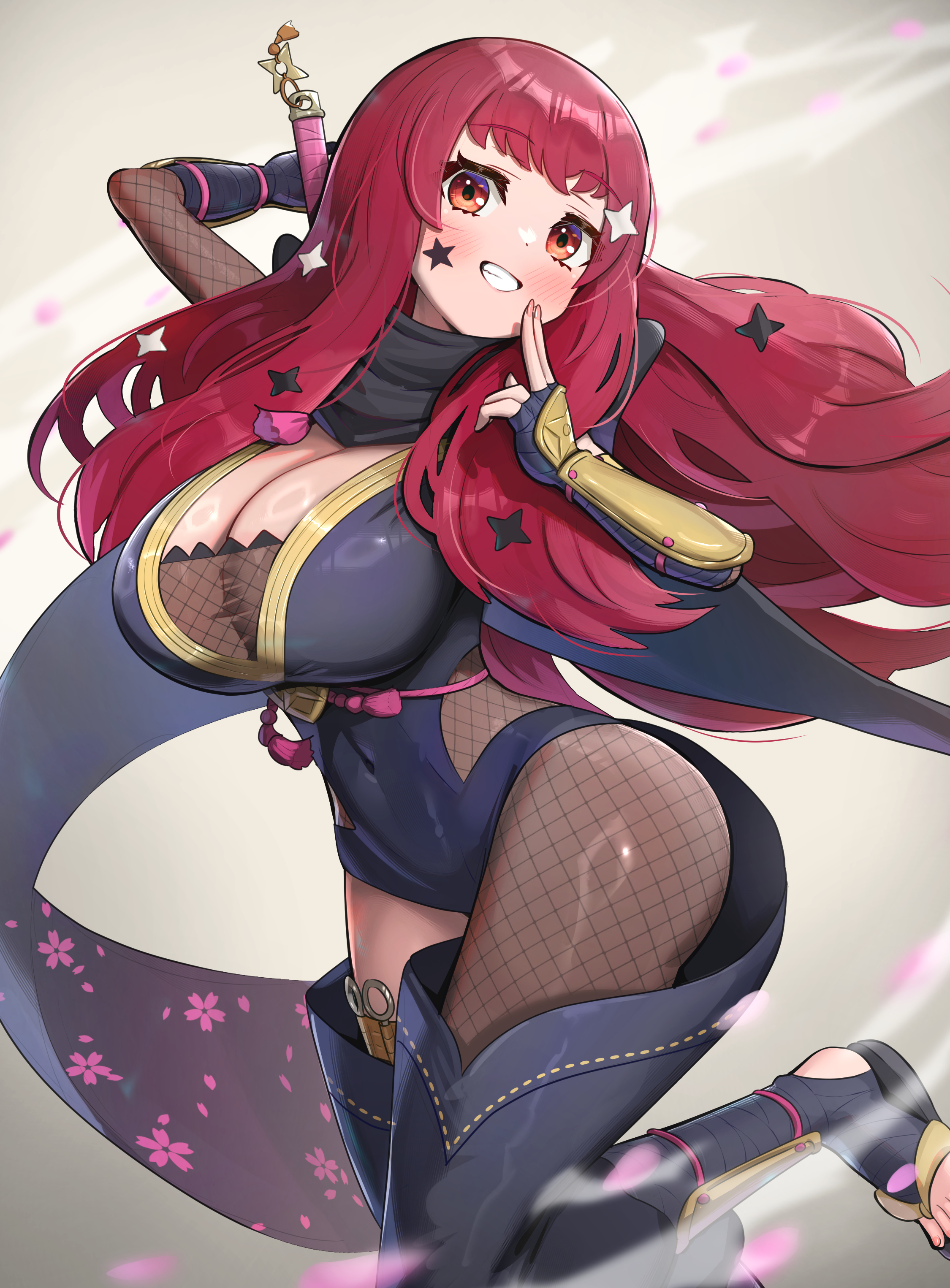 1girls, absurdres, arm guards, asymmetrical legwear, big ass, big breasts, black scarf, blush, bodystocking, breasts, cleavage, covered navel, facial mark, female, female only, fire emblem, fire emblem engage, fire emblem heroes, fishnet bodystocking, fishnet thighhighs, fishnets, gonzarez, gradient scarf, grin, hair ornament, highres, japanese clothes, large breasts, long hair, ninja, nintendo, official alternate costume, open mouth, petals, red eyes, red hair, sandals, scarf, shuriken hair ornament, smile, solo, star (symbol), star facial mark, star hair ornament, sword, teeth, thighhighs, thighs, weapon, yunaka (fire emblem), yunaka (stealthy imitator) (fire emblem)