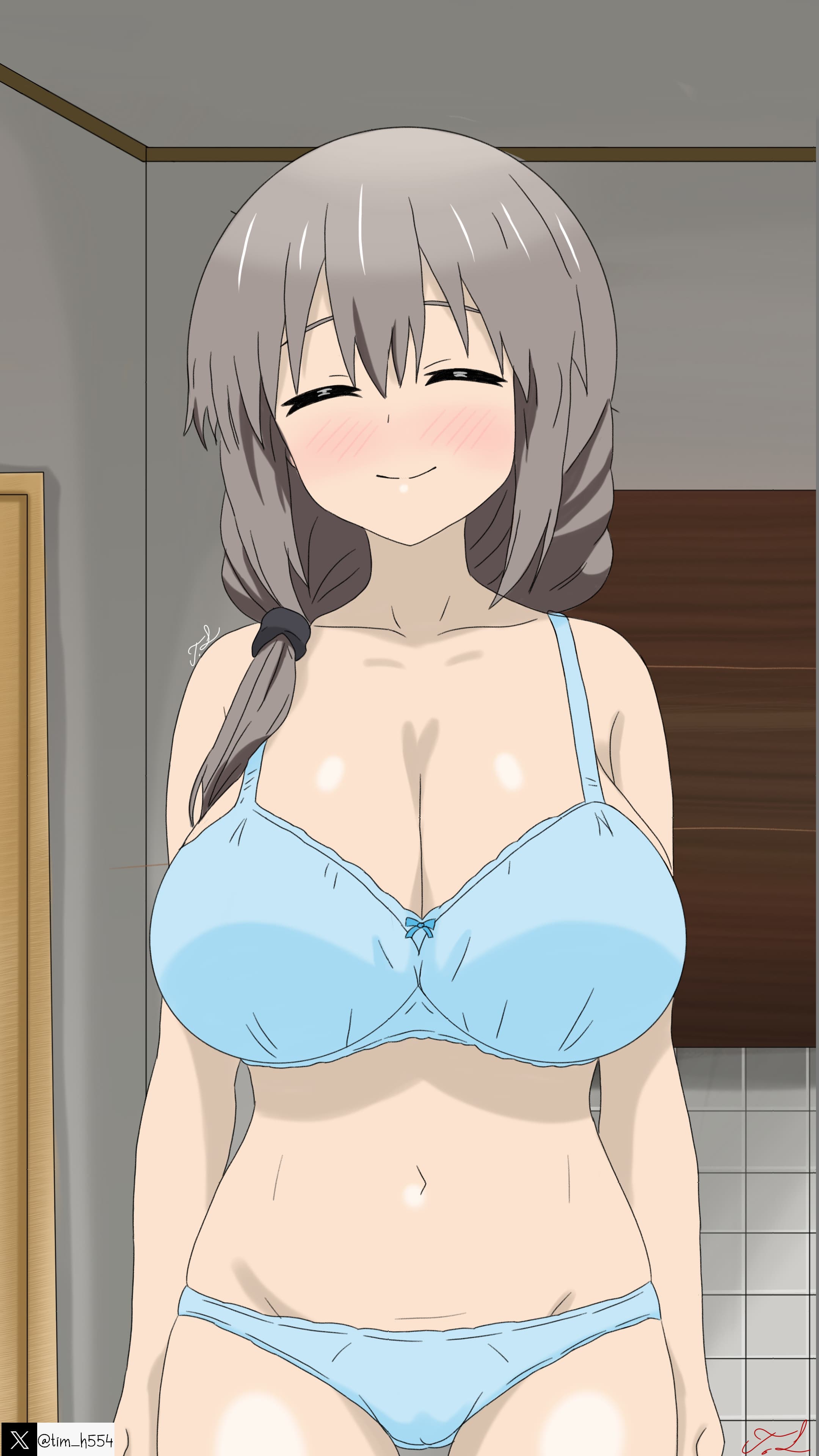 blue underwear, blush, bra, chubby, chubby female, closed eyes, cute, female, grey hair, kitchen, milf, mommy, mother, navel, pale skin, panties, signature, smaller female, smile, tim heyderich, twitter username, underwear, uzaki tsuki, uzaki-chan wa asobitai!