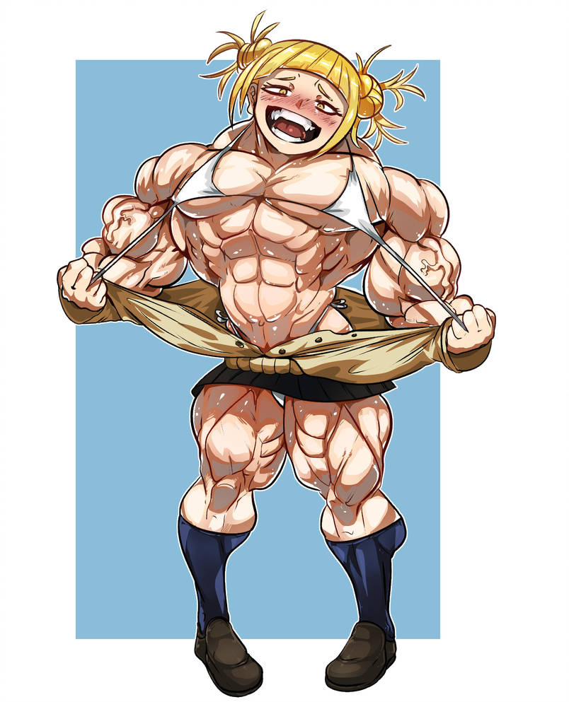 1girls, bikini, blonde hair, blush, breasts, clothes, extreme muscles, female, female only, flat chest, guitartist03, himiko toga, human, hyper, hyper muscles, looking at viewer, muscles, muscular, muscular female, my hero academia, open mouth, shirt, shirt pull, shoes, short hair, small breasts, smile, socks, solo, source request, standing, teeth, thick thighs, tongue, wide hips, yellow eyes