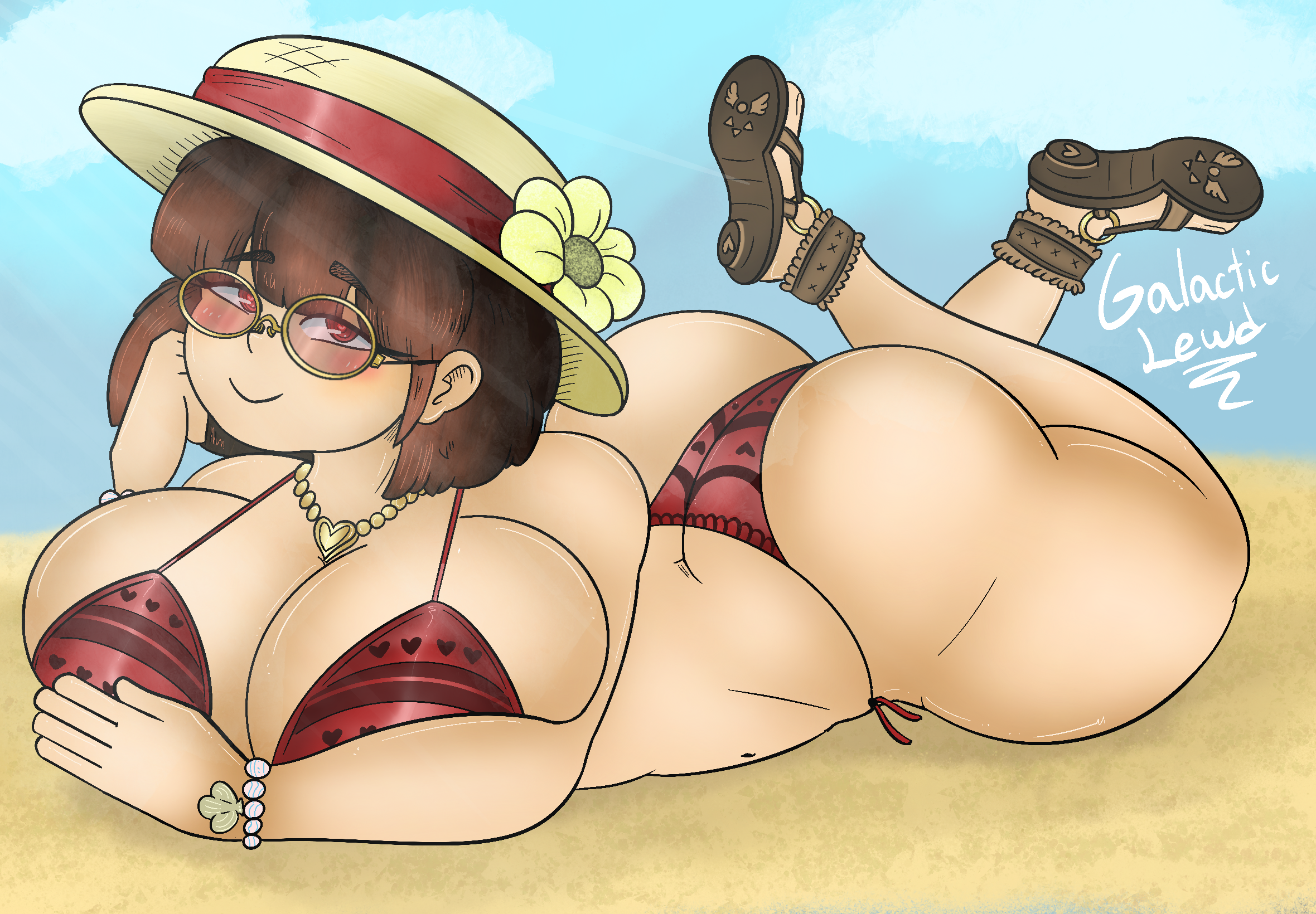 1girls, ass, bathing suit, beach, big ass, big breasts, big hat, bikini, bikini bottom, bikini top, black eyes, blue sky, bracelet, breasts, brown hair, chara, chara (undertale), female, female chara, flower, galacticlewd, groping breasts, hat ribbon, holding breast, huge ass, huge breasts, laying on stomach, legs up, light skin, light-skinned female, looking at viewer, necklace, pale skin, pale-skinned female, red bikini, red eyes, sandals, short hair, sun hat, sunglasses, sunny, thick ass, thick thighs, tinted eyewear, undertale, yellow flower