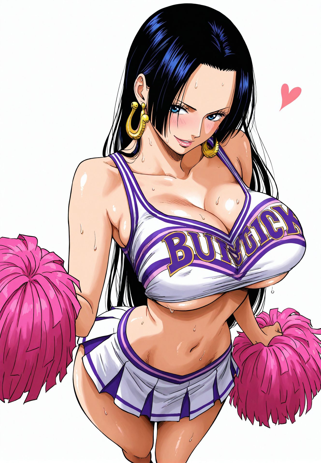 1girls, ai generated, big breasts, black hair, black-haired female, boa hancock, breasts, cheerleader, cheerleader outfit, cheerleader uniform, clothing, female, female only, one piece, short skirt, sideboob, solo, solo female, solo focus, sweat, yashin