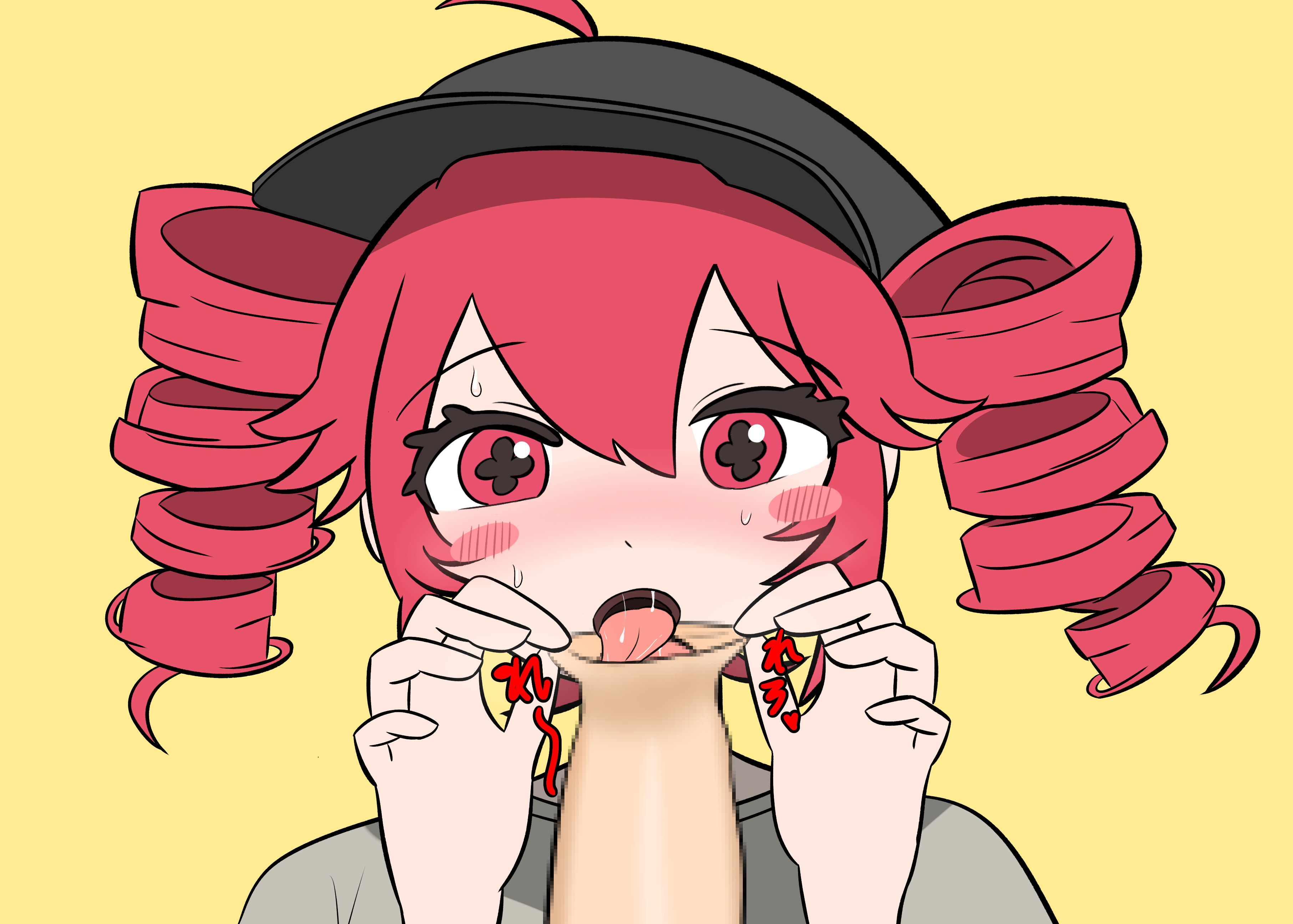 1boy, 1girls, 2d, 2d (artwork), ahoge, artist request, blush, blush lines, censored, fellatio, female, foreskin, foreskin play, foreskin pull, hat, kasane teto, kasane teto (sv), licking, licking penis, male, mosaic censoring, oral, oral sex, override (synthesizer v), penis, red eyes, red hair, straight, sweat, sweating, synthesizer v, tongue, tongue around penis, tongue in foreskin, twin drills, uncircumcised, utau, yellow background