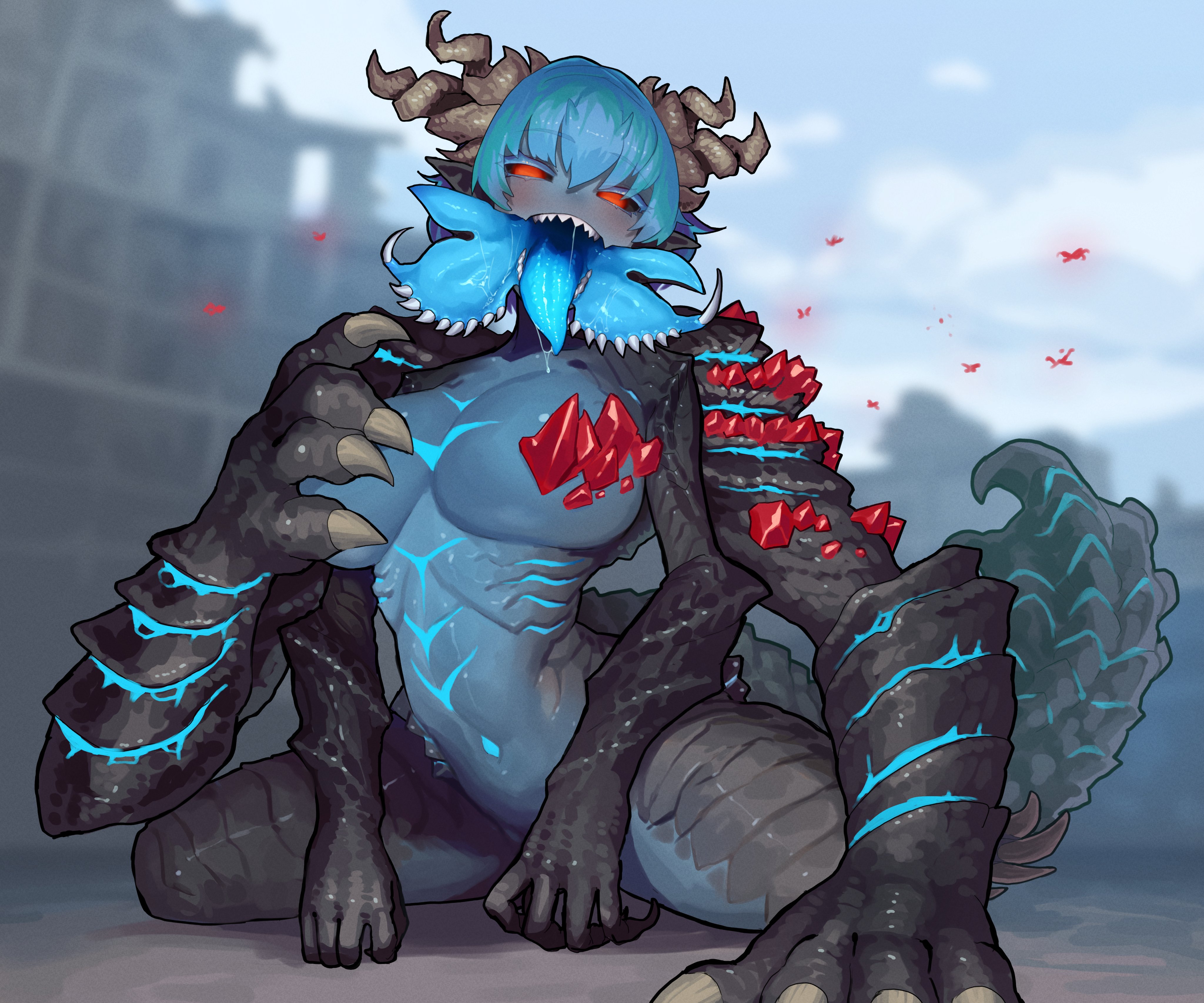 1girls, blue hair, blue tongue, breasts, dragon girl, ekrea jan, female, gaismagorm, humanized, large breasts, looking at viewer, monster girl, monster hunter, monster hunter rise, open mouth, red eyes, scales, sharp teeth, tongue, tongue out, vurdv8a8gbgrctd