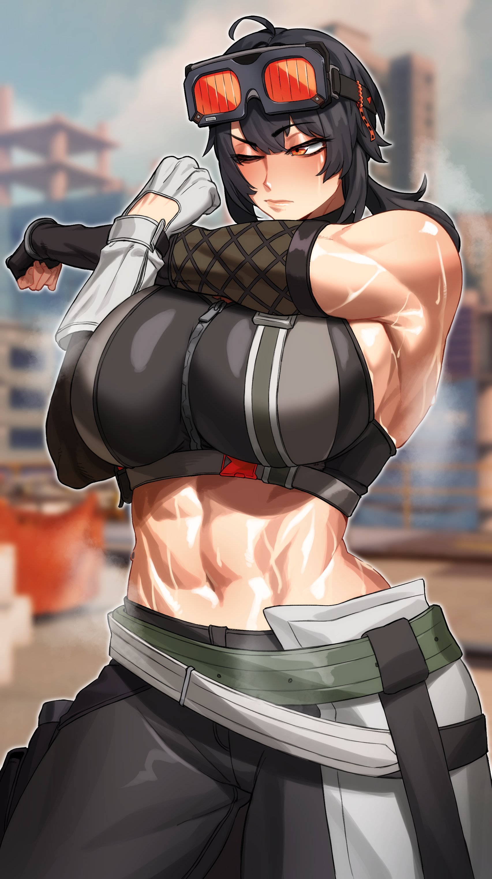 1girls, abs, athletic, athletic female, belobog heavy industries, big breasts, black hair, black-haired female, breasts, clothed, clothed female, female, female focus, female only, goggles, goggles on head, grace howard, large boobs, large breasts, light skin, light-skinned female, muscular, muscular female, solo, solo female, solo focus, sotcho, toned, toned female, zenless zone zero