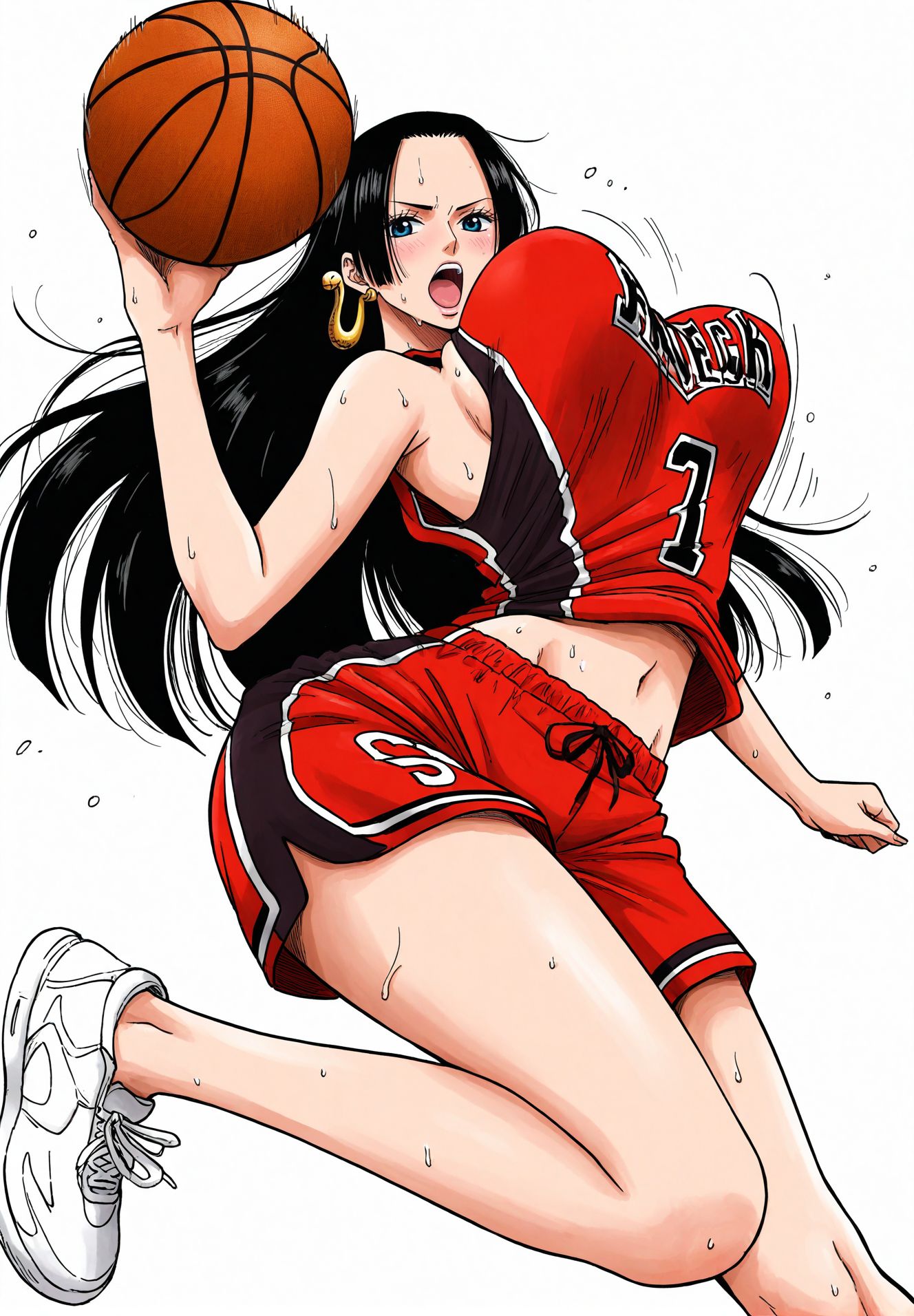 1girls, ai generated, basketball, basketball uniform, big breasts, black hair, black-haired female, boa hancock, breasts, clothing, female, female only, one piece, solo, solo female, solo focus, yashin