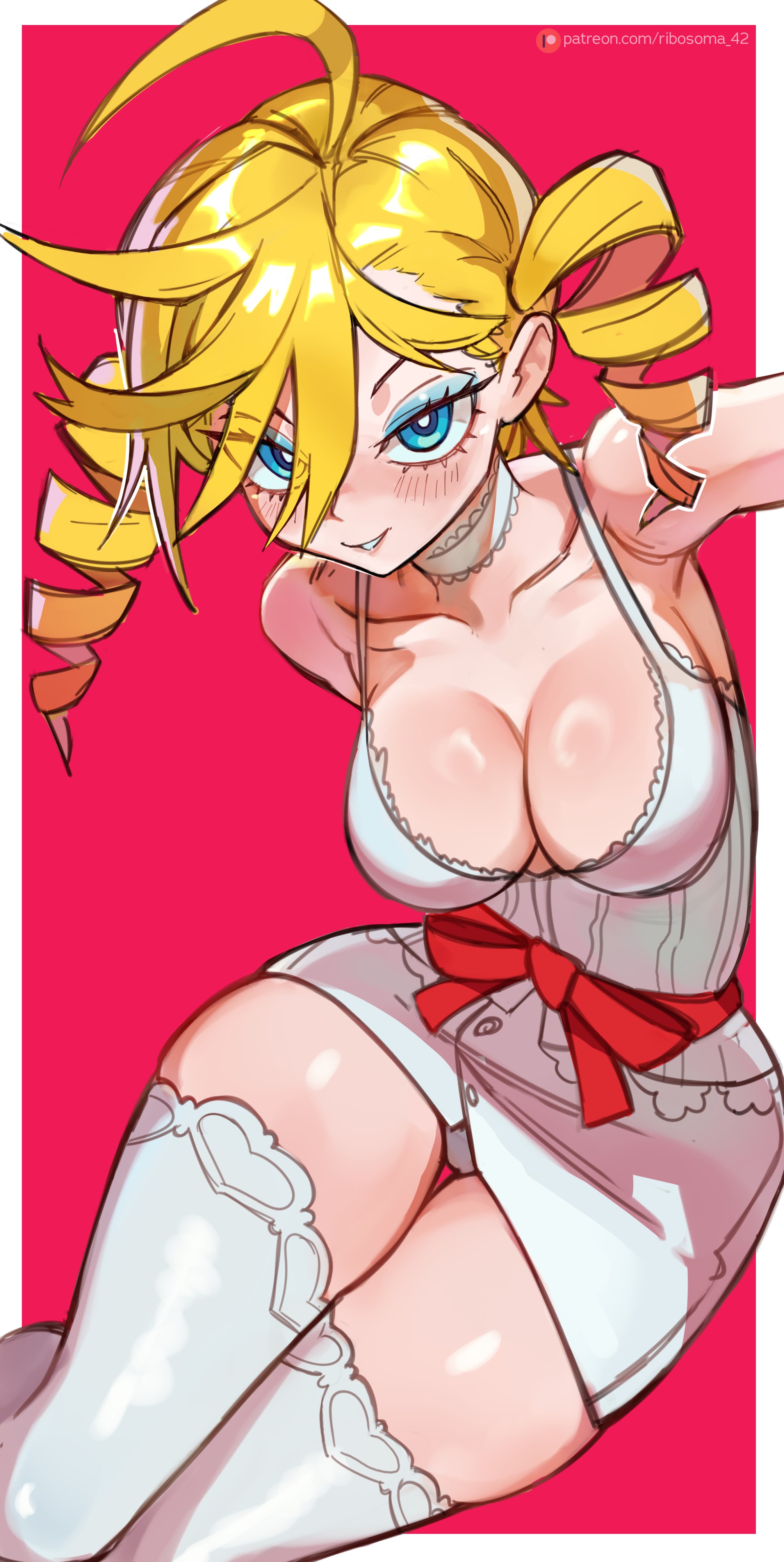 1girls, big breasts, blonde hair, blue eyes, breasts, catherine (catherine) (cosplay), catherine (game), cleavage, cosplay, crossover, crossover cosplay, drill hair, female, female only, fully clothed, hi res, highres, large breasts, panty & stocking with garterbelt, panty anarchy, ribosoma 42, skimpy clothes, thick thighs