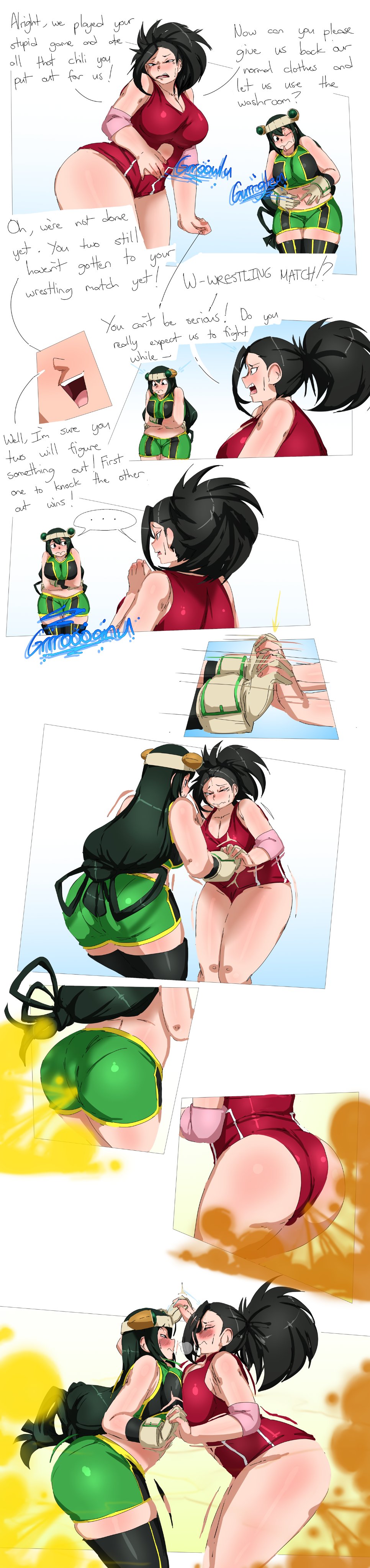 2d, 2girls, ass, blush, brap, catfight, contest, fart, fart fetish, farting contest, fat ass, female, female focus, humiliation, lazei, momo yaoyorozu, my hero academia, thick thighs, tsuyu asui, wrestling, yuri