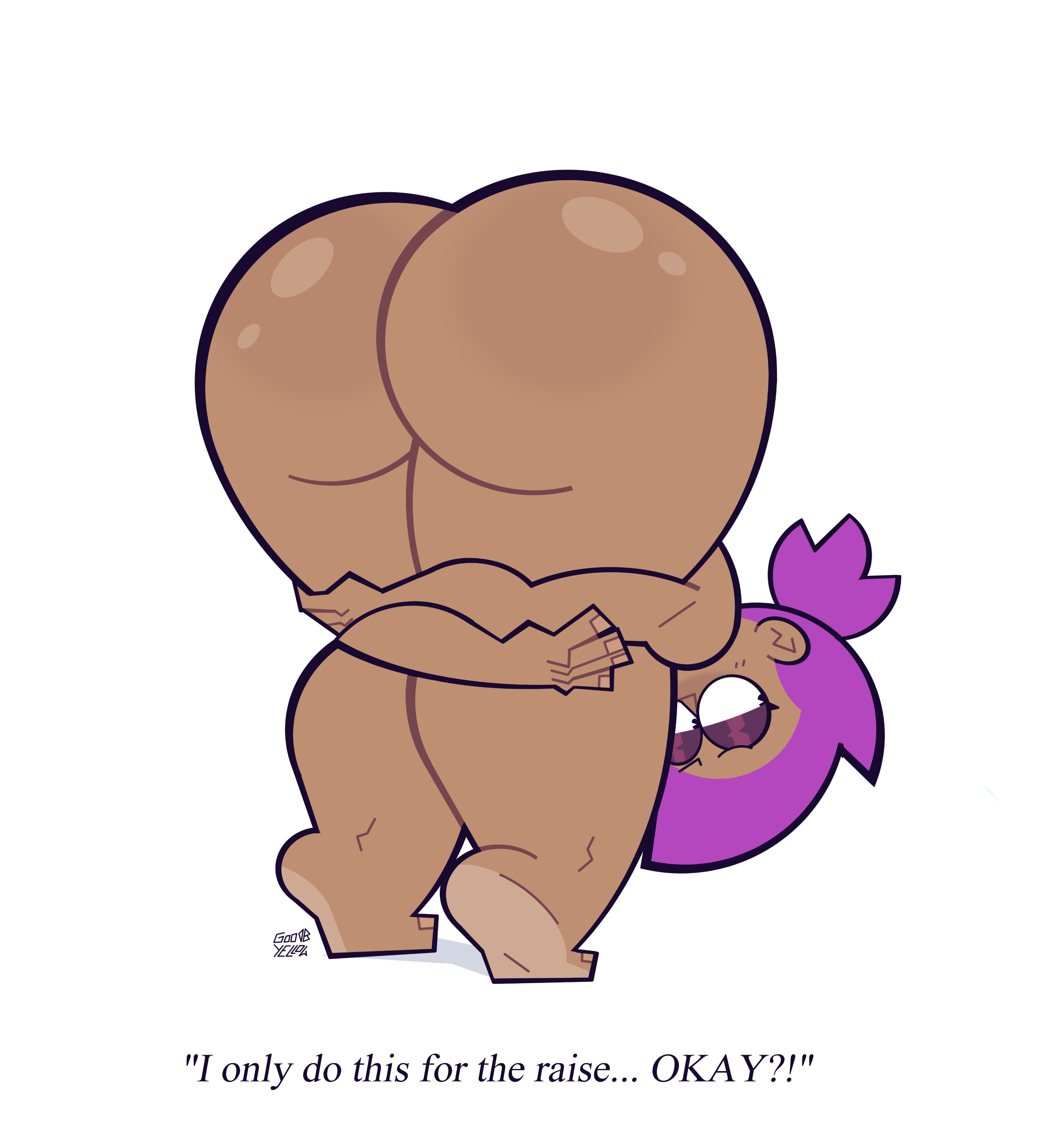 1girls, alternate version available, ass, ass bigger than head, ass focus, bending forward, bending over, bent over, big ass, big thighs, blue shirt, bottom heavy, bubble ass, bubble butt, dark skin, dark-skinned female, dialogue, enid, female, goodbyellow, holding legs, huge ass, nude, ok k.o.! let's be heroes, presenting ass, purple hair, solo, solo female, tagme, thick thighs, wide hips