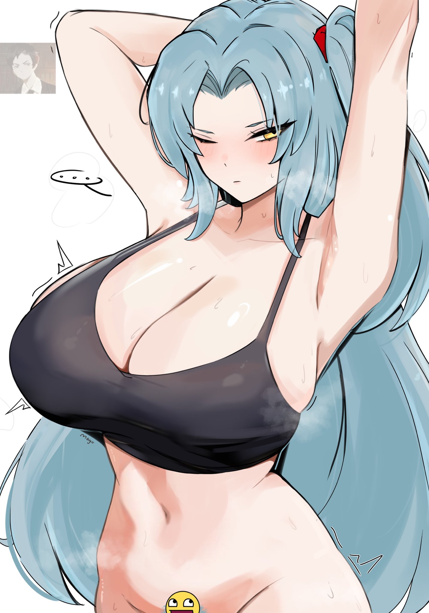 1girls, angela (library of ruina), angela (lobotomy corporation), big breasts, blue eyes, blue pubic hair, blush, blushing at viewer, bottomless, breasts, breasts bigger than head, censored pussy, cleavage, closed mouth, cute, epic face, eyebrows visible through hair, eyelashes visible through hair, female, female focus, hair ornament, large breasts, lobotomy corporation, long hair, looking at viewer, m ayonessa, one eye closed, project moon, pubic hair, pussy, roland (library of ruina), side ponytail, solo, solo focus, sports bra, sportswear, sweat, sweatdrop, sweating, tremble spikes, white background, yellow eyes