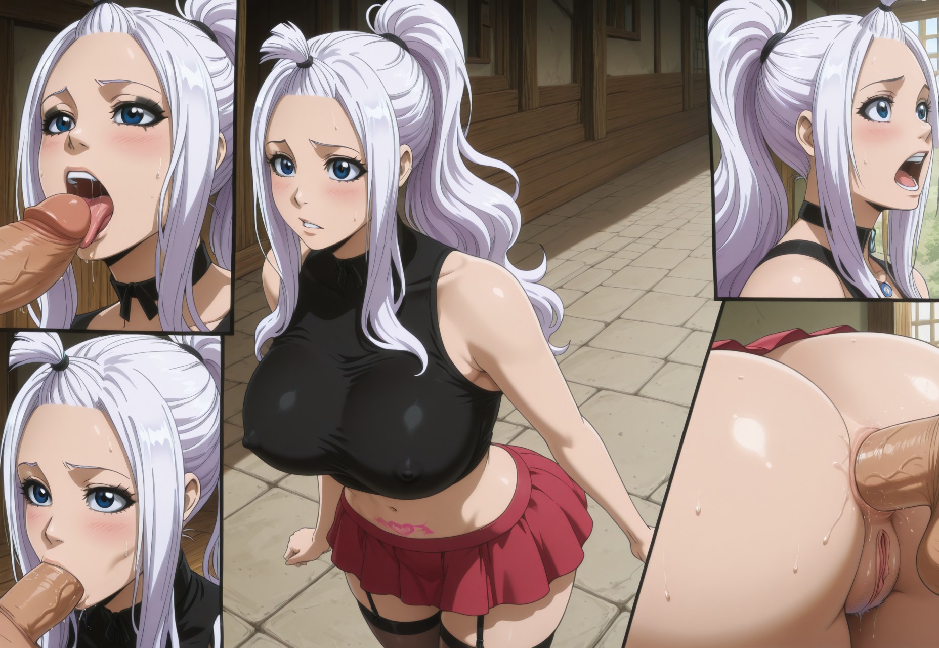 1boy, 1girls, ai generated, anal, anal sex, big breasts, blowjob, blue eyes, breasts, choker, clothed, clothed sex, clothing, collar, comic, comic page, echodantalian, fairy tail, fellatio, female, magic, male, miniskirt, mirajane strauss, oral, oral sex, penis, red miniskirt, stockings, sucking, sucking penis, white hair, white-haired female