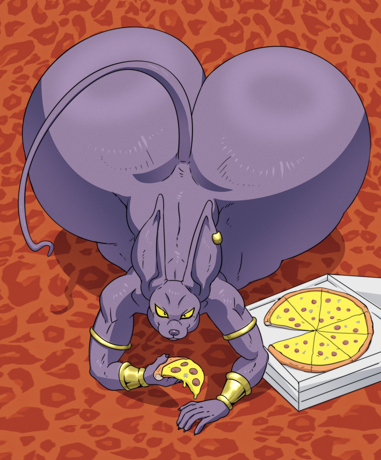 1boy, 2d, a-side, ass, ass bigger than head, beerus, big ass, big butt, deity, dragon ball, feline, food, furry, furry only, giant, god, gold jewelry, hairless cat, high angle view, huge ass, huge butt, hyper ass, hyper butt, large male, looking at viewer, looking up, male, male only, mini giant, muscles, muscular, muscular male, naked, no genitals, no sex, nonhuman, nude, on all fours, pizza, pizza box, purple body, purple fur, smile, smiling at viewer, solo, solo male, tail, thick thighs