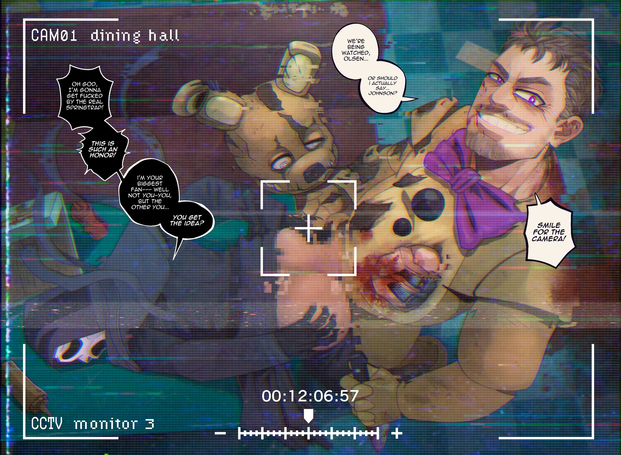 2025, 2boys, 2d, 2d (artwork), above view, abs, age difference, anal, anal sex, animatronic, bara, beard, blood, blood stain, blumhouse productions, bowtie, camera, camera view, crossover, daddy, danny johnson, dead by daylight, dialogue, digital drawing (artwork), digital media (artwork), dilf, english text, facial hair, five nights at freddy's, five nights at freddy's (film), fnaf, from above, fursuit, gay, gay male, ghostface, goatee, greying hair, grin, hands on ass, holding knife, holding object, humanoid, knife, lagomorph, leporid, looking at viewer, male, male only, mammal, masked, masked male, mature, mature male, mostly clothed, muscular, muscular male, neckwear, nipples, nustache, purple bowtie, purple eyes, ripped clothing, robot, scottgames, security camera, short hair, smile, smiling, soynutts, speech bubble, spring bonnie (fnaf), spring bonnie (movie), suit, text, torn clothes, universal pictures, universal studios, william afton, william afton (film), yaoi