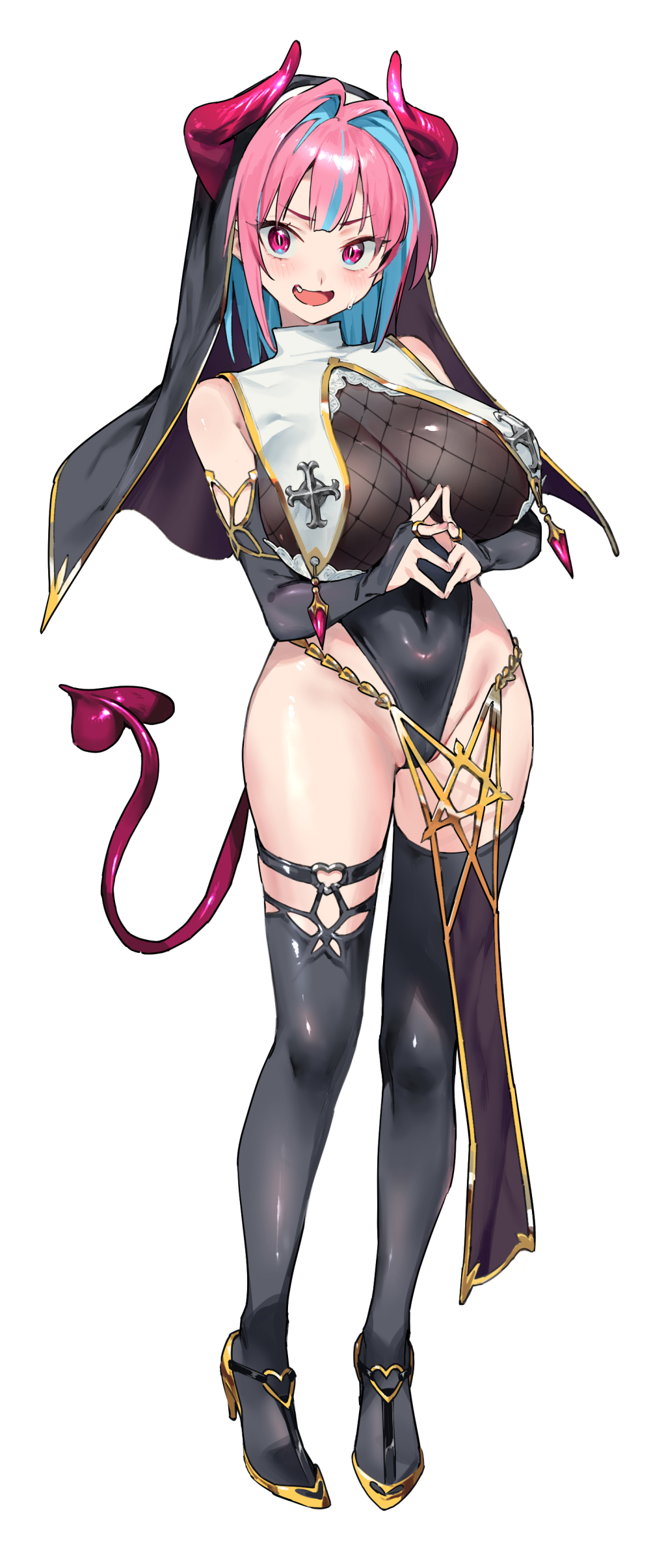 absurdres, bare shoulders, black bridal gauntlets, black leotard, black thighhighs, black veil, blue hair, blush, breasts, bridal gauntlets, colored inner hair, covered navel, demon horns, demon tail, demon wings, female, fingernails, fishnet top, fishnets, groin, hair intakes, heart, heart o-ring, high heels, highres, horns, huge breasts, kanan (kanan-sama), kanan-sama wa akumade choroi, leotard, looking at viewer, medium hair, multicolored hair, nonco, o-ring, o-ring thigh strap, oerba yun fang, open mouth, pink eyes, pink hair, pink horns, pink tail, shoes, simple background, slit pupils, smile, solo, streaked hair, sweat, tail, thigh strap, thighhighs, thighs, two-tone hair, veil, white background, wings, yellow shoes