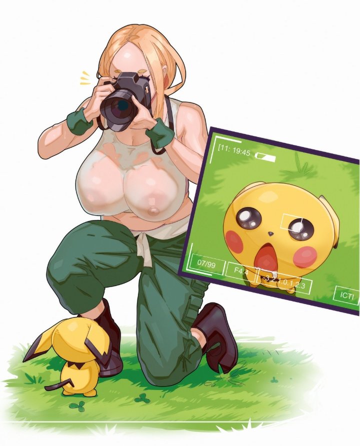 big breasts, blonde female, blonde hair, breast awe, breasts, camera, drooling, female, game freak, materclaws, nature, nature background, nintendo, outdoors, pichu, pokemon, pokemon (species), pokemon xy, see-through clothing, see-through shirt, viola (pokemon), wet clothes, white background
