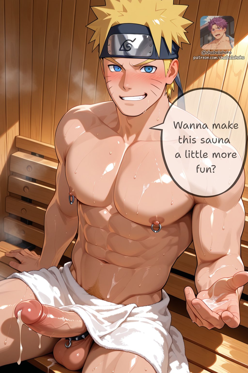 abs, ai generated, bara, cock ring, cum, gay, male, male focus, male only, muscular, muscular male, naruto, naruto (series), nipple piercing, nipples, penis, piercing, sauna, shabalahoho, uzumaki naruto, yaoi