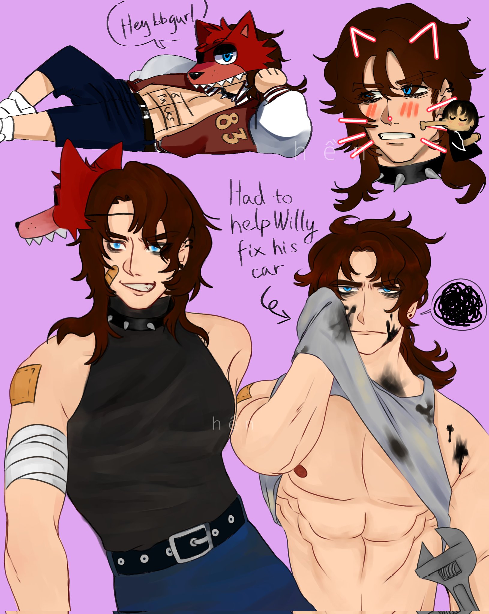 1boy, abs, annoyed, bara, belt, clothed, five nights at freddy's, five nights at freddy's 4, foxy bro, male, masked, masked mal, michael afton, muscular, muscular male, nipples, oil, pants, shirt, shirt up, varsity jacket, wrench, yaoi, yona akaihono