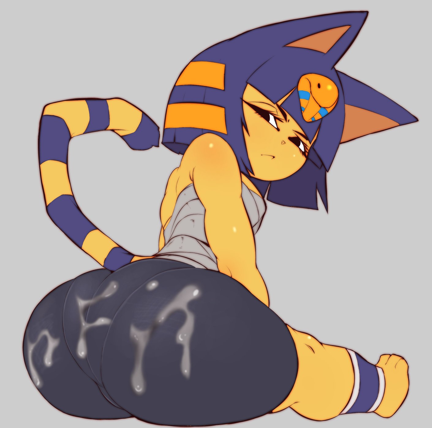 2d, animal crossing, ankha, annoyed, anthro, ass, back, bandage, bandages, bandages around breasts, bandages around chest, big ass, bike shorts, bottom heavy, breasts, clothing, cum, cum on ass, cum on clothes, cum on clothing, felid, feline, felis, female, fur, furry, furry only, hi res, looking back, lurkin, nintendo, simple background, sitting, skin tight, skindentation, small breasts, solo, tail, thick thighs, two-tone fur, yellow body, yellow fur