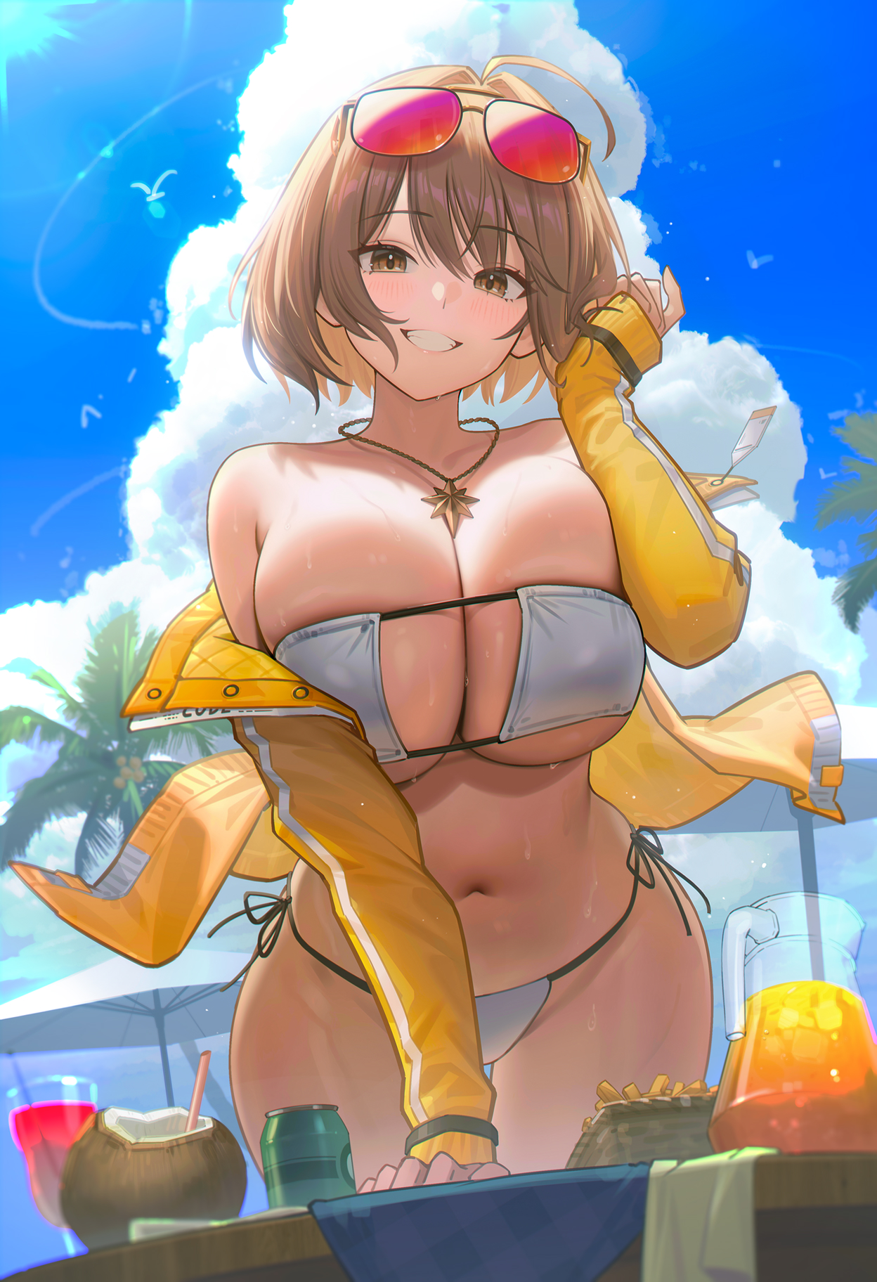 1girls, 95 (jiuwujiang), ahoge, anis (nikke), anis (sparkling summer) (nikke), aviator sunglasses, bare shoulders, bikini, blue sky, breasts, brown eyes, can, cloud, cloudy sky, coconut cup, coconut tree, commentary, cup, day, drink can, drinking glass, drinking straw, eyepatch bikini, eyewear on head, female, female only, food, french fries, hair intakes, highres, huge breasts, jacket, jewelry, long sleeves, looking at viewer, navel, necklace, off shoulder, official alternate costume, palm tree, short hair, side-tie bikini bottom, skindentation, sky, smile, solo, stomach, sunglasses, swimsuit, tree, wet, white bikini, yellow jacket