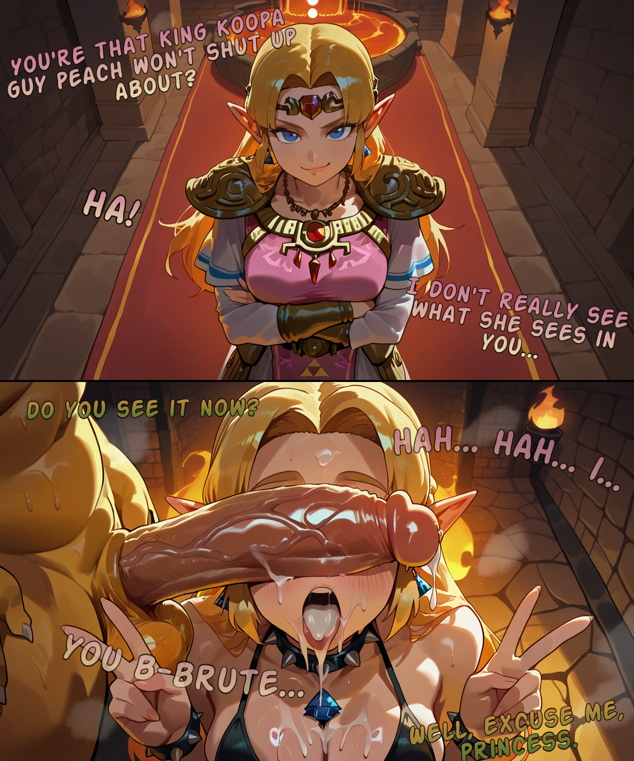1boy, 1girls, a link between worlds, after rape, ai assisted, ai generated, before and after, bikini, black bikini, blonde hair, blue eyes, bowser, bracelets, bratty, breasts, cant see the haters, clothed, clothing, comic, correction, corruptcrafts, corruption, crossover, cum, cum in mouth, cum on breasts, cum on face, defeated, defeated heroine, dialogue, double v, dress, dungeon, ear piercing, earrings, enemy conversion, english text, eyes covered, female, instant loss 2koma, interspecies, lava, long hair, male, mario (series), medium breasts, nintendo, on knees, open mouth, peace sign, penis, penis on face, penis out, princess, princess zelda, spiked bracelet, straight, super mario bros., super smash bros., text, the legend of zelda, tiara, tongue, tongue out, triforce, triforce earrings, v, veiny penis, villain, villain on hero, wet, wet body, zelda (a link between worlds)