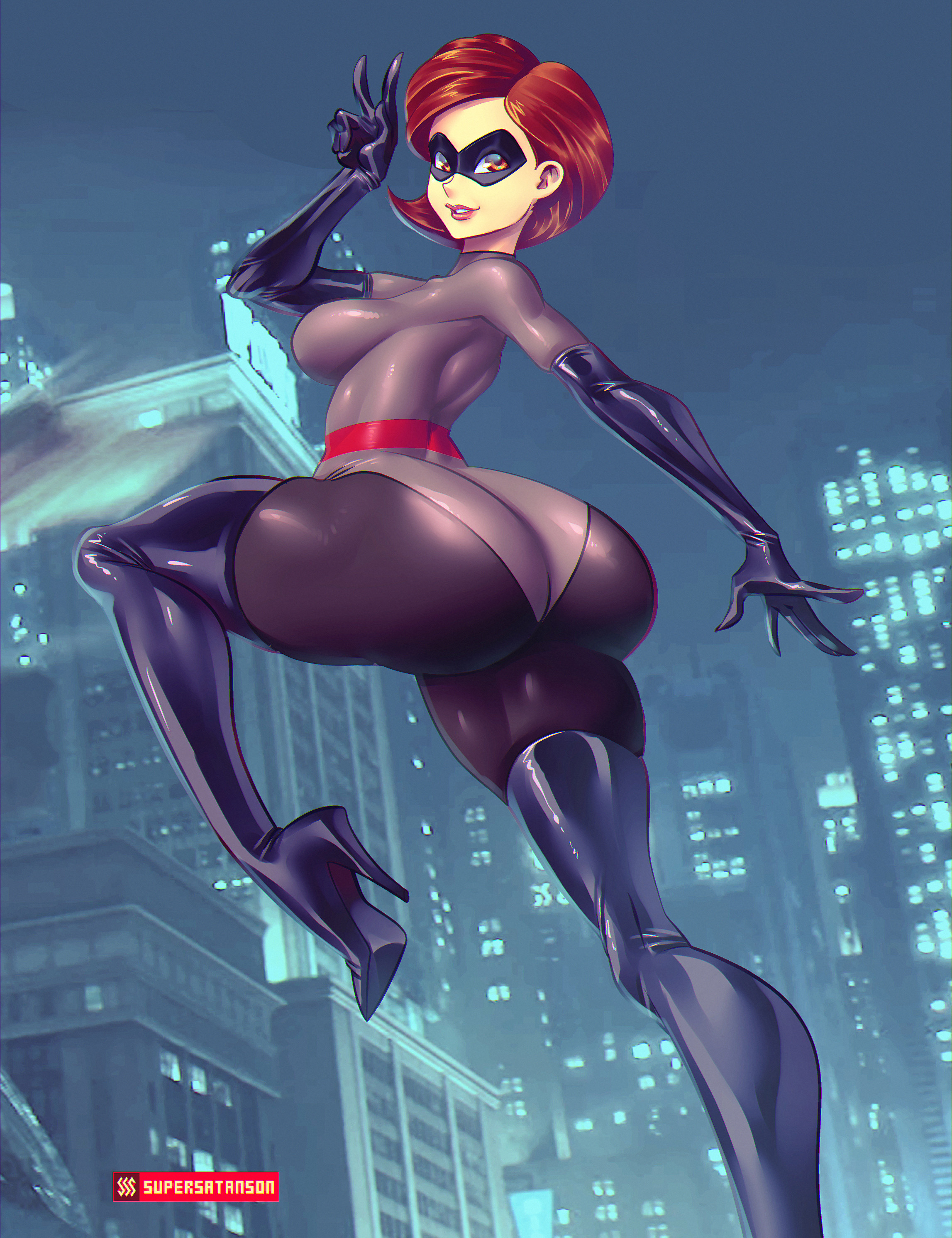 alternate costume, armwear, ass, black boots, boots, brown hair, clothing, curvy, disney, elastigirl, elastigirl (the incredibles 2 supersuit), elbow gloves, eyewear, female, footwear, gloves, handwear, helen parr, high heel boots, high heels, legwear, mask, pixar, short hair, smooth skin, supersatanson, the incredibles, the incredibles 2, thigh boots
