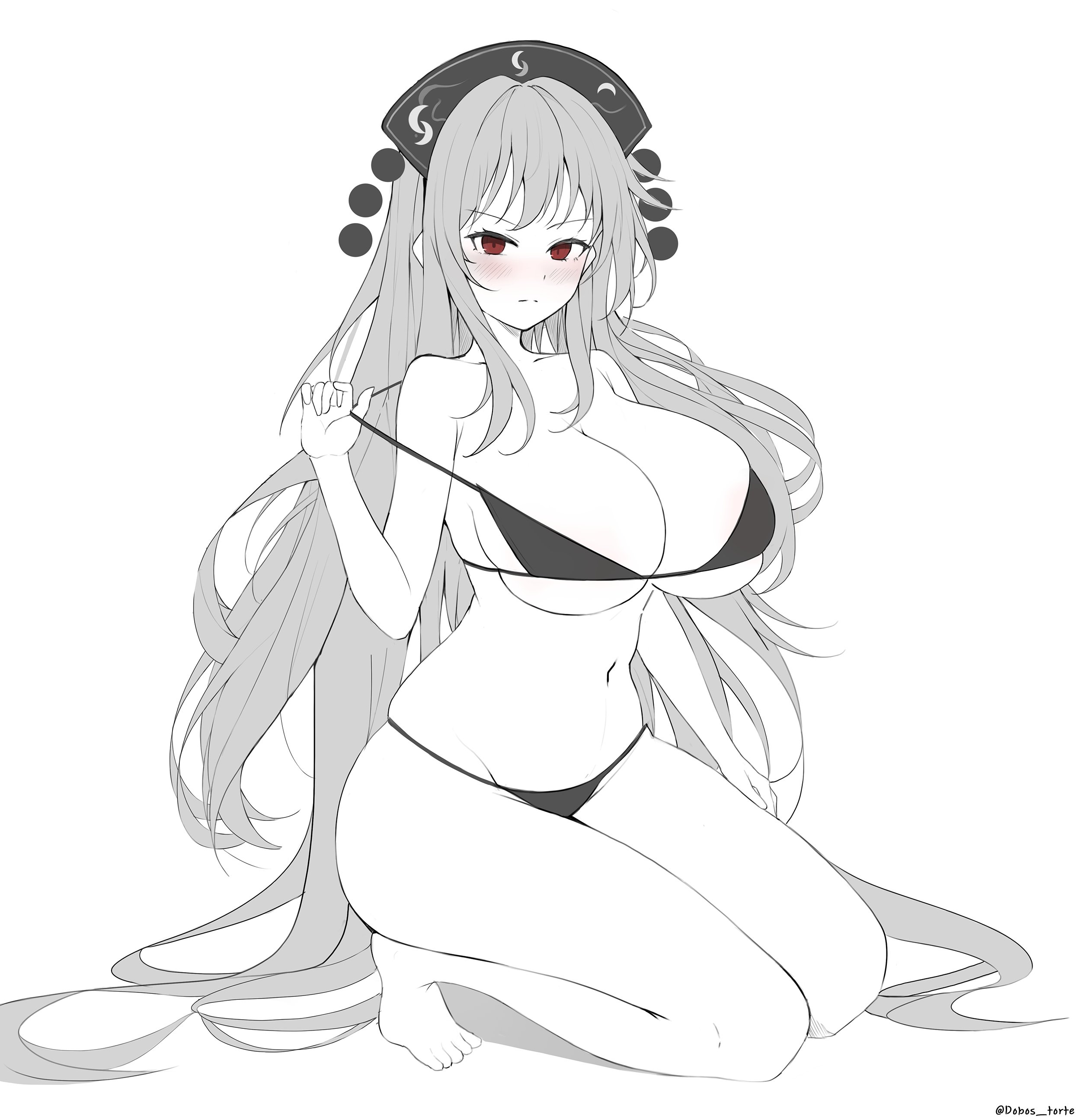 1girls, bikini, black and white, blush, blushing, breasts, dobostorte, female, female focus, female only, hair ornament, huge breasts, junko (touhou), long hair, looking at viewer, pulling clothing, tagme, touhou