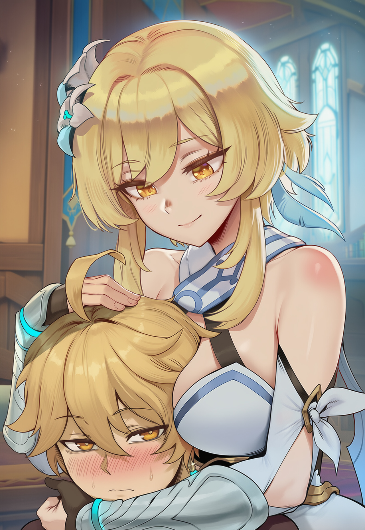 1boy, 1girls, aether (genshin impact), ahoge, ai generated, bangs, bare shoulders, big breasts, blonde hair, blush, blushing, breasts, brother and sister, closed mouth, detached sleeves, dress, duo, eyebrows visible through hair, female, flarekiss, flower, genshin impact, gloves, hair flower, hair ornament, hoyoverse, light skin, light-skinned female, light-skinned male, long hair, lumine (genshin impact), male, mihoyo, smile, straight, sweat, white dress, white flower, yellow eyes