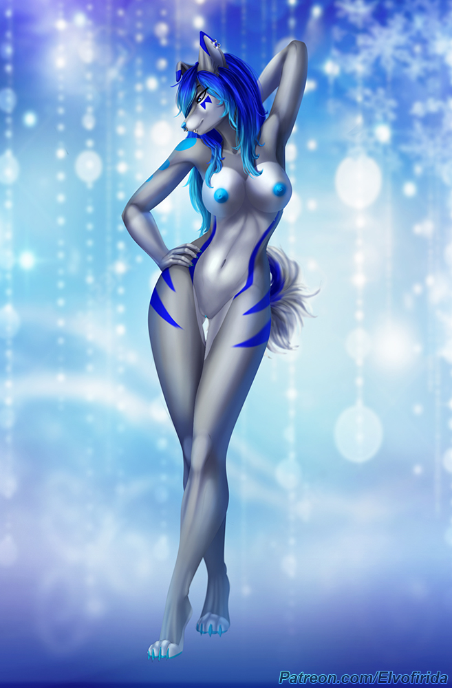 2018 5_fingers anthro blue_areola blue_hair blue_nipples canine elvofirida female hair mammal nipples solo standing