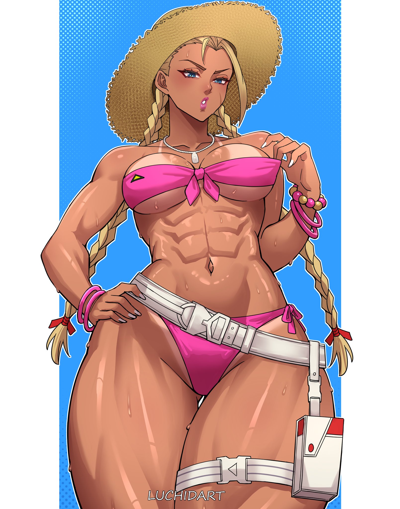 1girls, abs, breasts, cammy white, female, female focus, female only, large breasts, looking at viewer, luchidart, muscular, muscular female, solo, street fighter, swimsuit, tan skin, tanline, thick thighs, thighs, wide hips