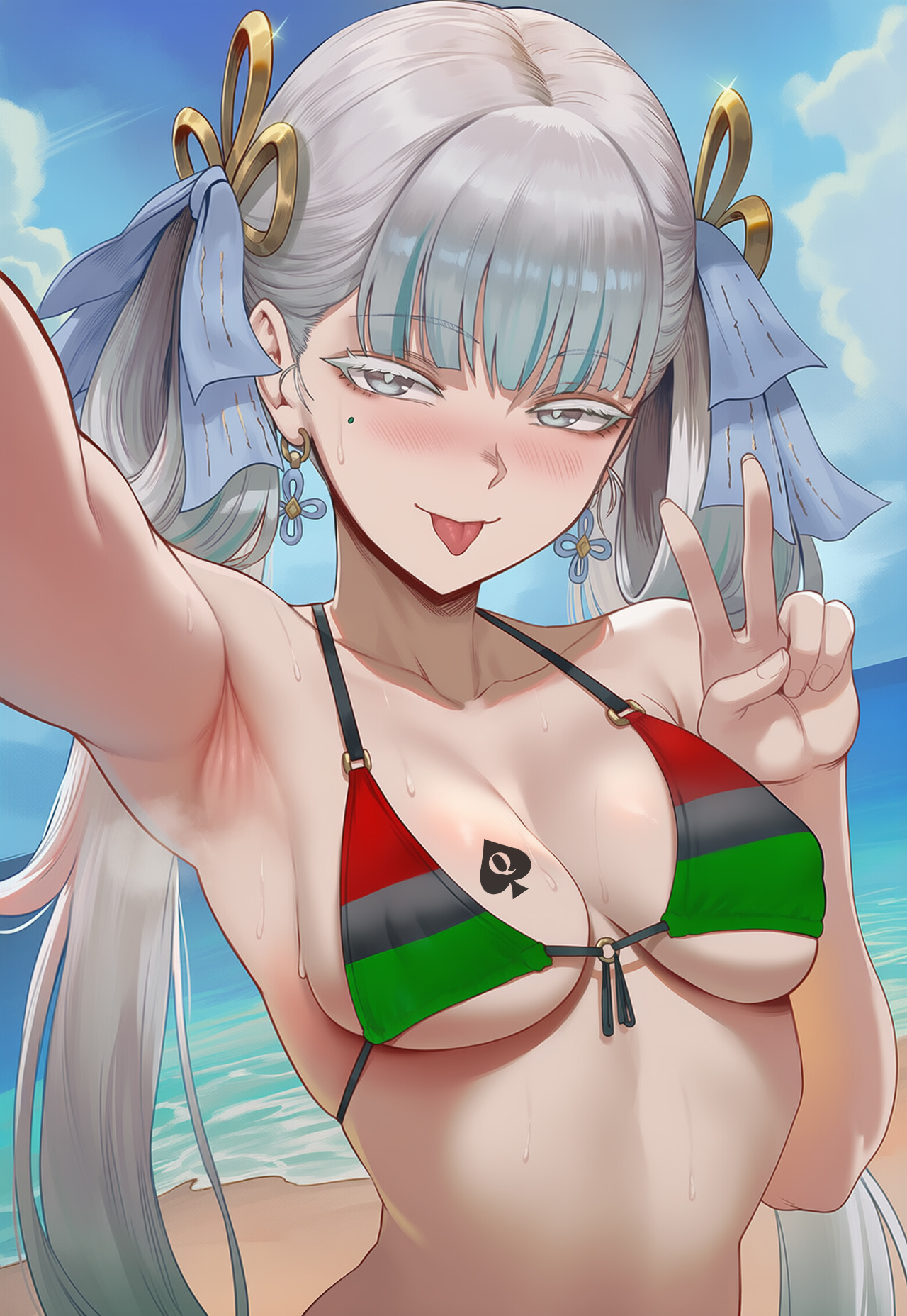 :p, 1girls, ai generated, armpits, bangs, beach, bikini, blunt bangs, blush, breasts, collarbone, earrings, eyebrows visible through hair, female, female only, flarekiss, foreshortening, grey hair, hair ribbon, jewelry, jinhsi (wuthering waves), light skin, light-skinned female, long hair, looking at viewer, navel, ocean, outdoors, pan-african flag, pan-african flag bikini, qos, qos tattoo, queen of spades, ribbon, selfie, sky, solo, solo female, sweat, swimsuit, tongue, tongue out, twintails, upper body, v, very long hair, w, wet, wuthering waves