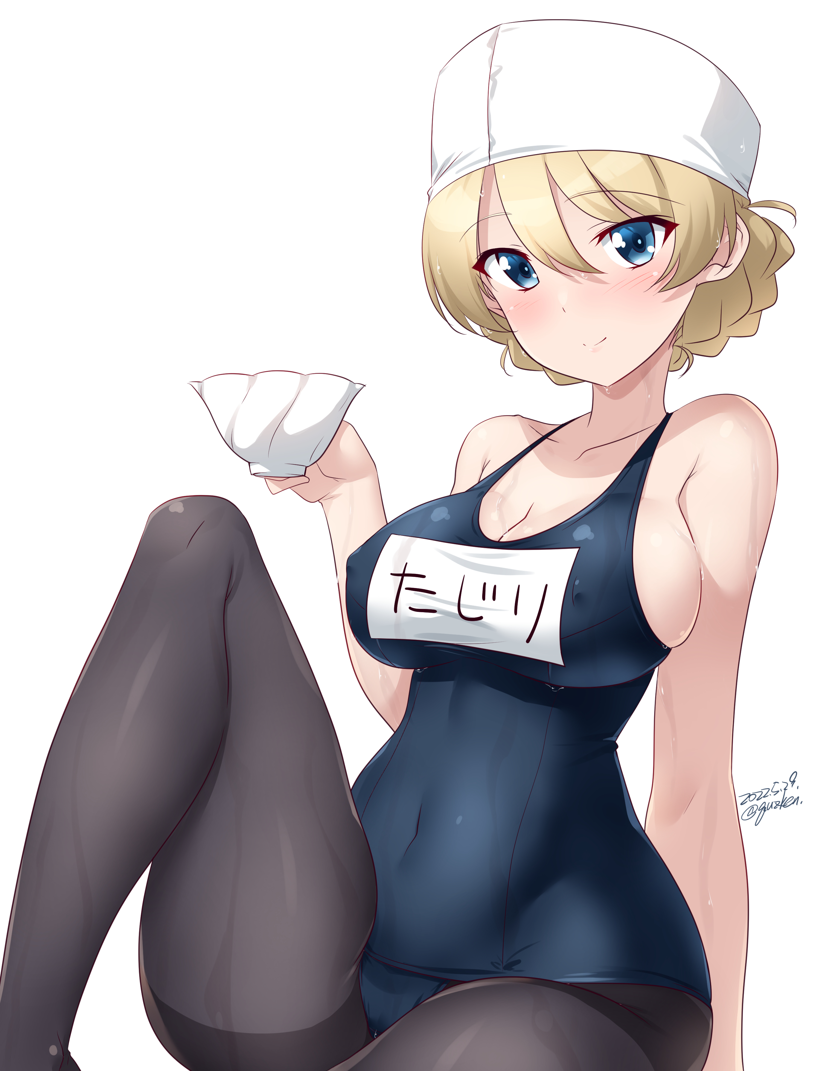 1girls, black pantyhose, blonde hair, blue eyes, blush, braid, breasts, cleavage, collarbone, commentary, covered navel, covered nipples, cup, darjeeling, female, girls und panzer, hair between eyes, highres, kuzuryuu kennosuke, large breasts, legs, looking at viewer, one-piece swimsuit, pantyhose, pantyhose under swimsuit, school swimsuit, schoolgirl, simple background, solo, swim cap, swimsuit, teacup, thighs, white background