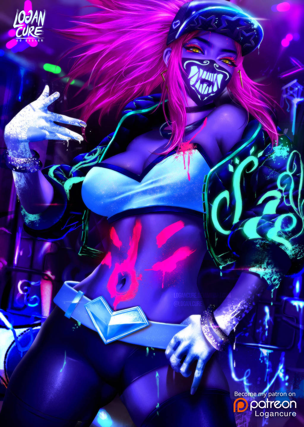 abs, akali, alternate costume, big breasts, breasts, cleavage, female, female only, k/da akali, k/da series, large breasts, league of legends, logan cure, looking at viewer, solo