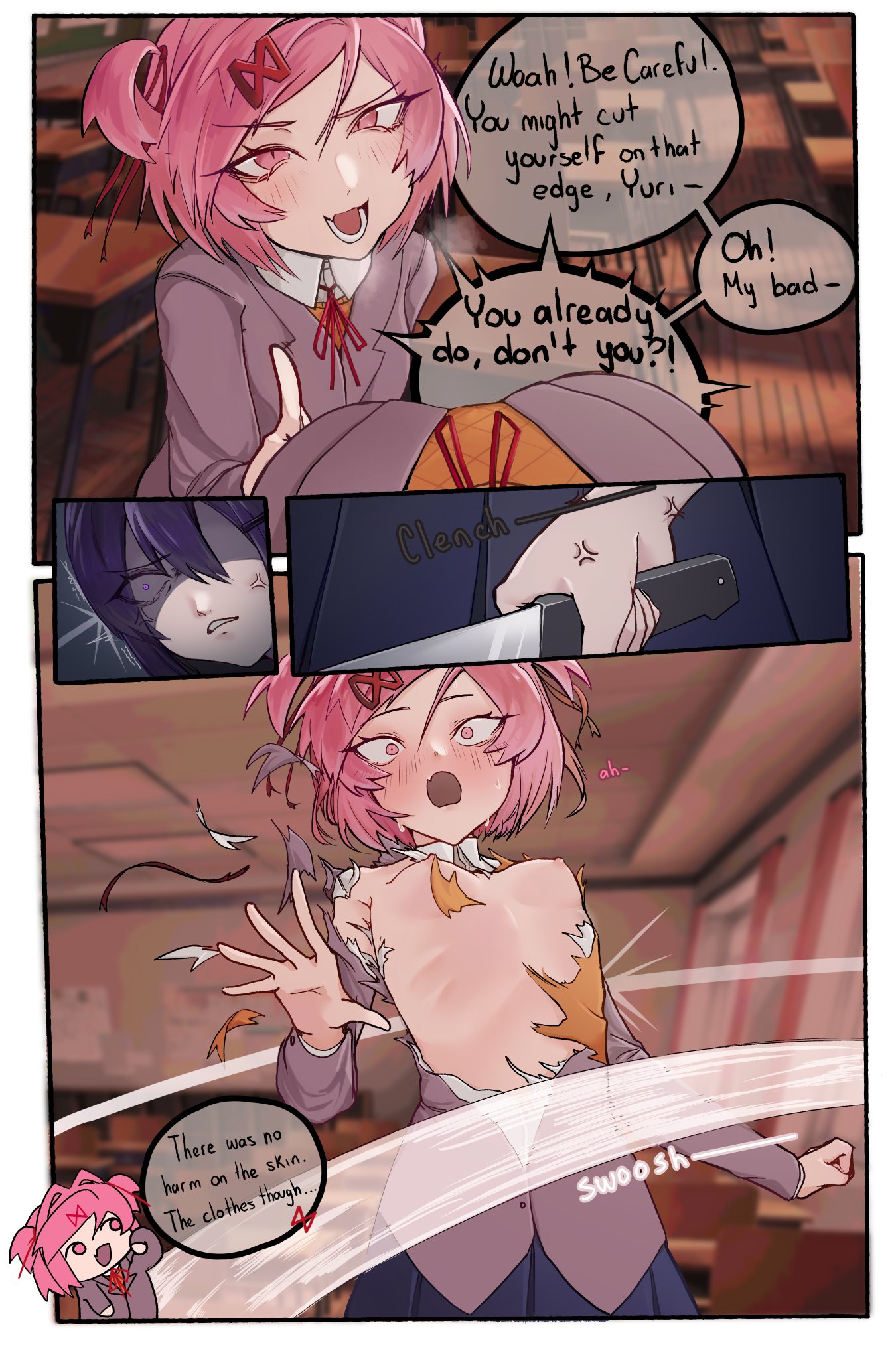2girls, accessory, anger vein, angry, areola, areolae, bangs, big breasts, blurry background, blush, breasts, busty, classroom, clothed, clothing, constricted pupils, cut clothes, depth of field, dialogue, doki doki literature club, embarrassed, embarrassed naked female, embarrassed nude female, enf, english text, exposed, exposed breasts, exspiravitbag, fang, female, female only, hair accessory, hair ornament, hairclip, holding, holding knife, holding object, indoors, knife, large breasts, light skin, light-skinned female, lip fang, matching hair/eyes, multiple girls, naked, natsuki (doki doki literature club), nipples, no bra, nude, open mouth, perky breasts, petite, pink eyes, pink hair, purple eyes, purple hair, school uniform, short hair, slim, small breasts, solo focus, speech bubble, surprised, surprised expression, swept bangs, talking, talking to another, taunting, teasing, text, tied hair, torn clothes, torn clothing, torn topwear, twintails, twintails (hairstyle), uniform, yuri (doki doki literature club)