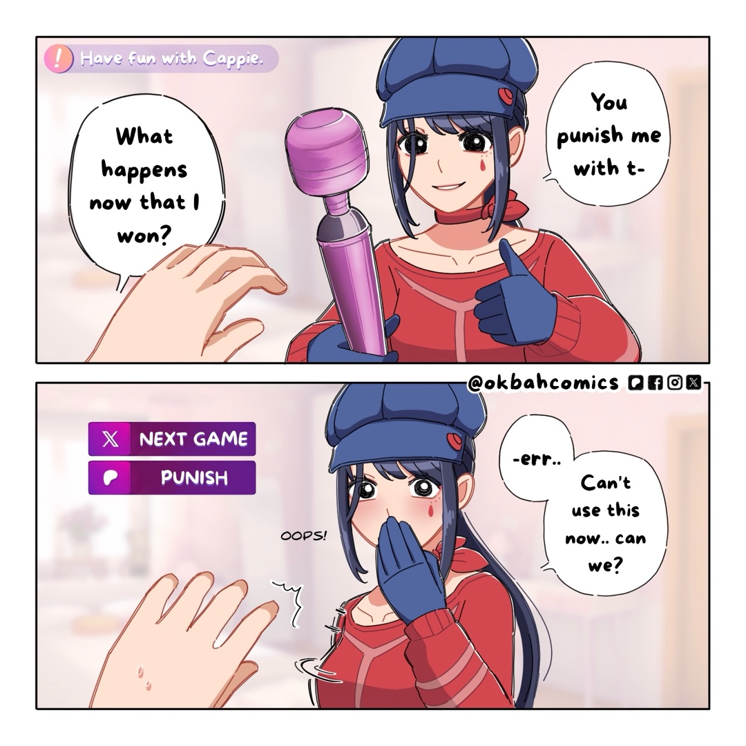 2koma, blue gloves, blue hat, blush, cabbie hat, cappie (miside), choker, comic, cool mita (miside), covering mouth, embarrassed, english text, female, gloves, hat, hitachi magic wand, long hair, male, male pov, miside, mita (miside), ok bah comics, player (miside), ponytail, pov, pov hands, red choker, red sweater, sex toy, sweater, text, thumbs up, vibrator, wand vibrator