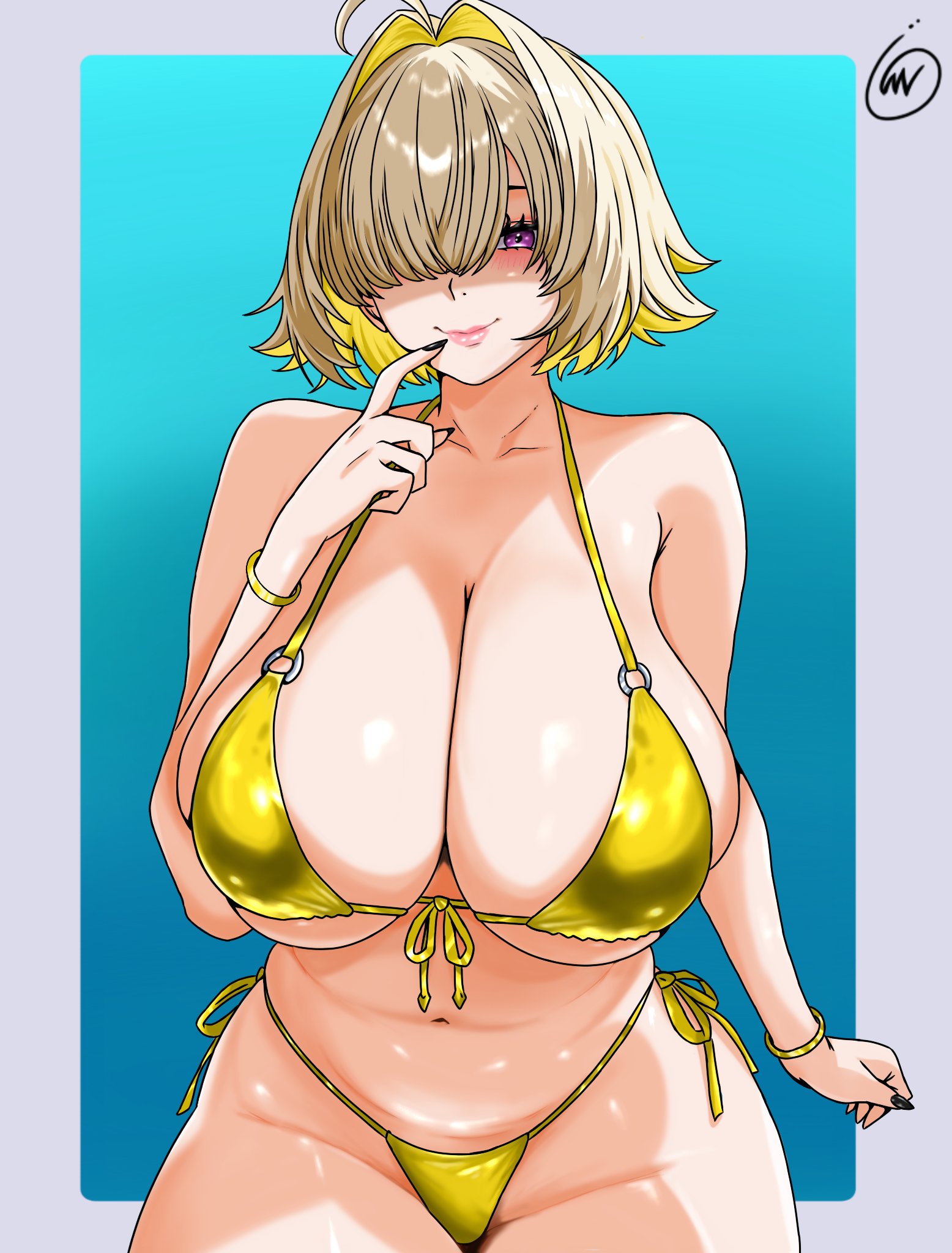 ass, big ass, big breasts, big butt, big thighs, big titties, bikini, breasts, curvaceous, curvaceous female, curvaceous figure, curvy, curvy figure, curvy hips, elegg (nikke), female, female focus, female only, goddess of victory: nikke, looking at viewer, short hair, waifuviolenta, yellow hair