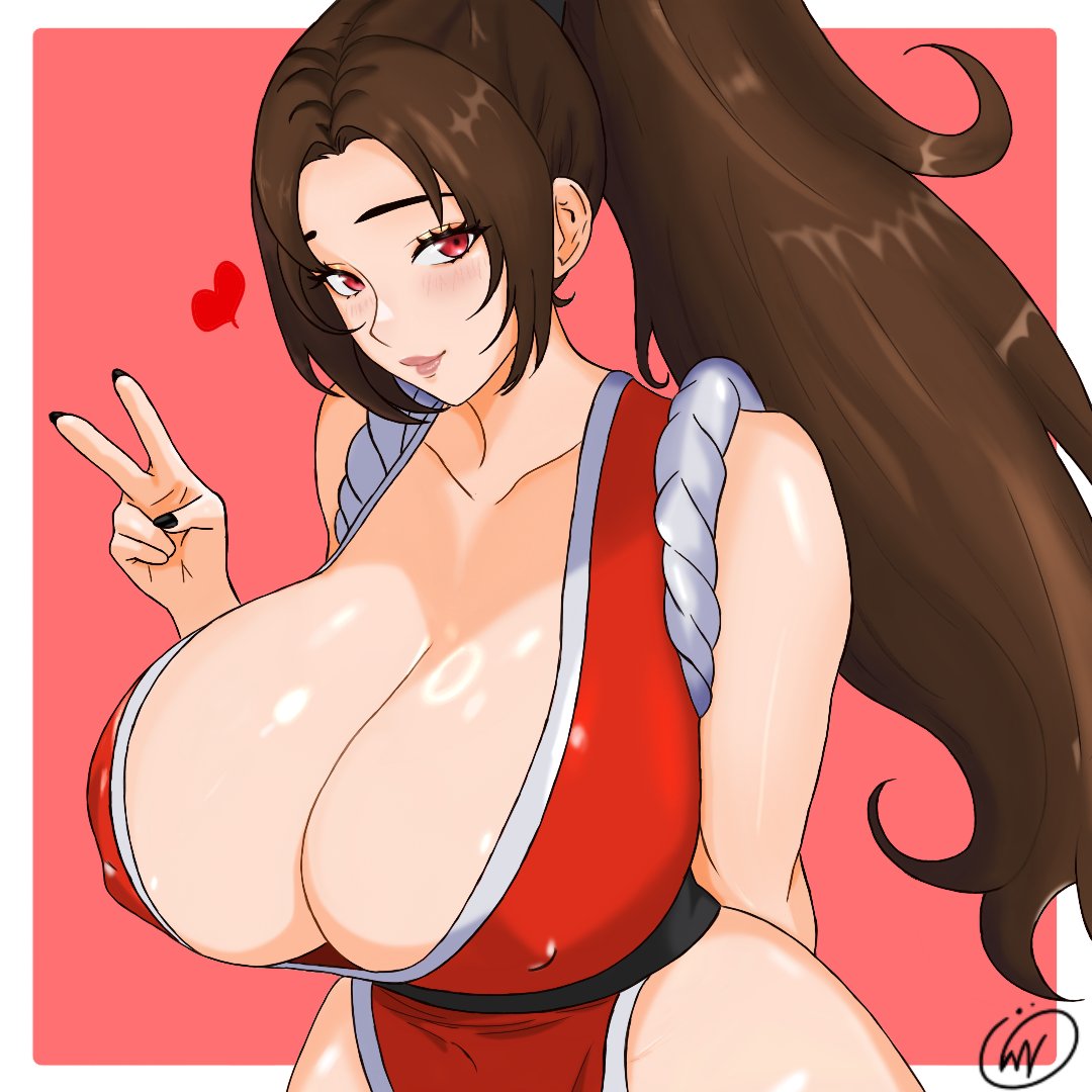 2d, big breasts, big thighs, breasts, brown hair, clothing, curvy, curvy female, curvy hips, fatal fury, female, female focus, female only, human, human female, human only, light skin, light-skinned female, long hair, looking at viewer, mai shiranui, snk, solo, solo female, twitter link, waifuviolenta