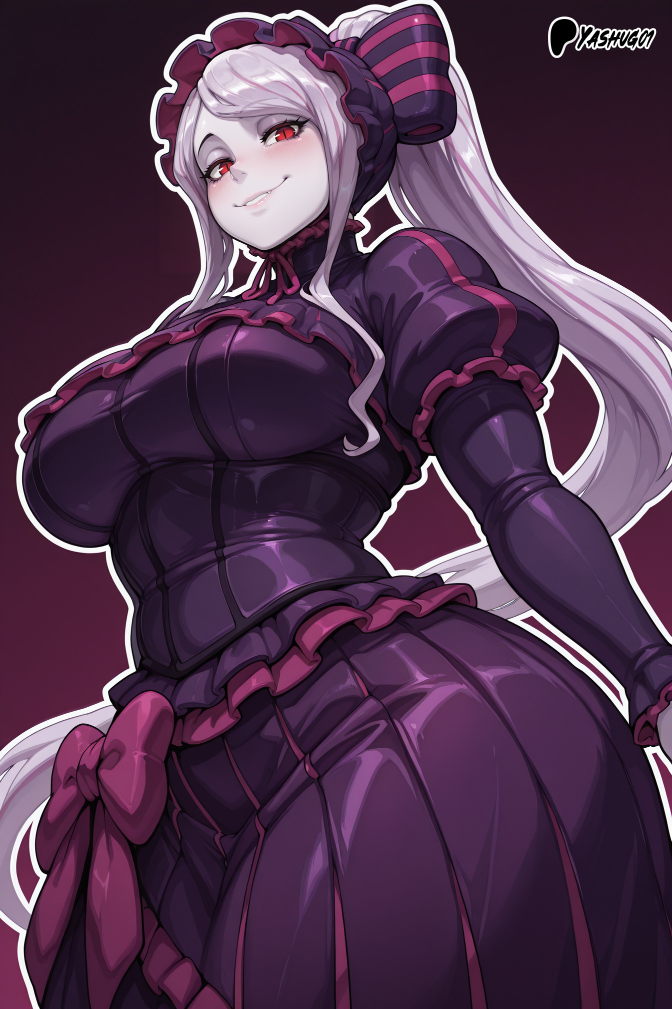 ai generated, big breasts, breasts, female, huge breasts, large breasts, long dress, long hair, looking down, low-angle view, overlord (maruyama), ponytail, purple hair, red eyes, shalltear bloodfallen, smiling, thick body, thick female, vampire girl, very long hair, voluptuous, voluptuous female, white body, white skin, yashugai