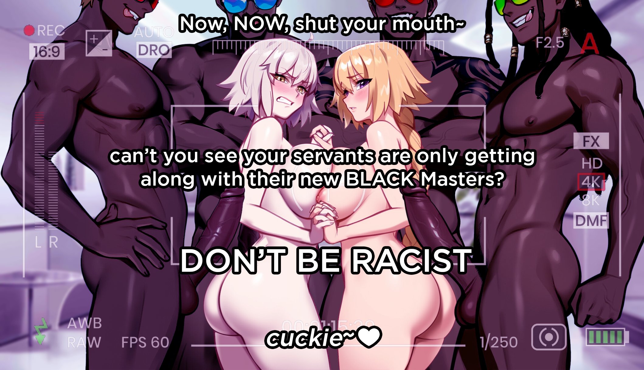 2025, 2d, 2girls, 4males, ai generated, big penis, breasts, chiodokan, cuckold, dark skin, dark-skinned male, english text, fate (series), female, interracial, jeanne alter, jeanne d'arc (fate), large breasts, male, muscular, muscular male, netorare, ntr, nude, penis, raceplay, tagme, text