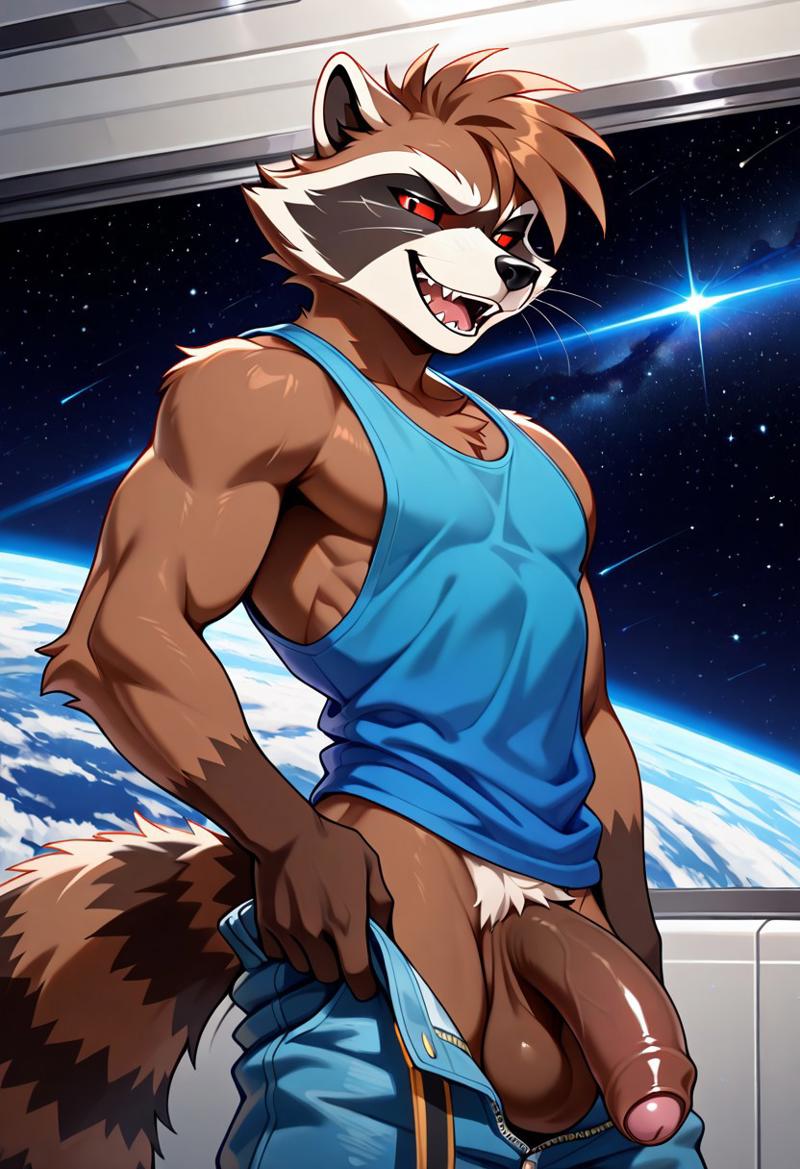 abs, ai generated, anthro, anthro male, balls, biceps, big balls, big penis, blush, brown hair, foreskin, furry, gay, looking at viewer, male, male only, marvel, marvel comics, marvel rivals, mohawk, muscular, muscular male, nude, nude male, open mouth, pants down, pecs, penis, red eyes, rocket raccoon, rocket raccoon (marvel rivals), smile, tank top, toned body, toned male, twall97, uncircumcised, uncut