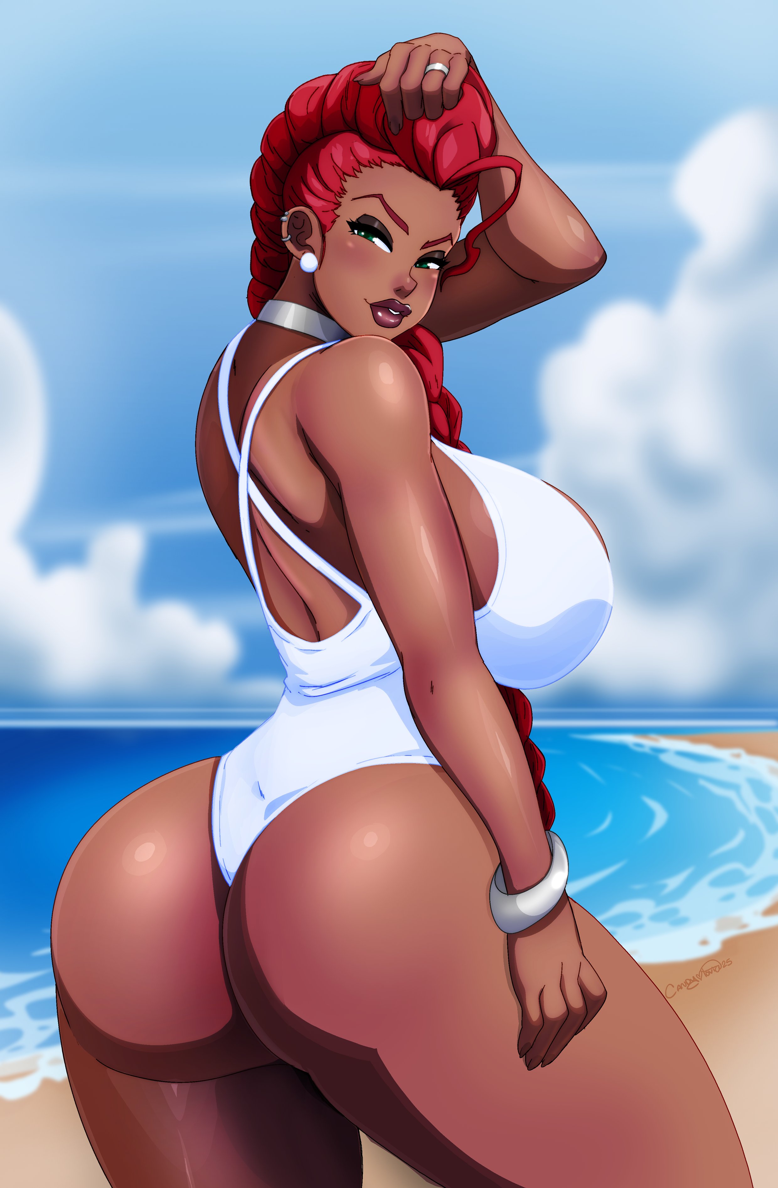 1girls, alternate version available, armwear, ass, beach, big ass, big breasts, bracelet, braided hair, breasts, capcom, crimson viper, dark skin, dark-skinned female, ear piercing, earrings, female, female only, green eyes, hair, half-closed eyes, handwear, huge ass, huge breasts, ladycandy2011, lips, looking back, mature, mature female, mature woman, milf, red hair, ring, solo, solo female, street fighter, swimsuit, swimwear, thick lips, white swimsuit